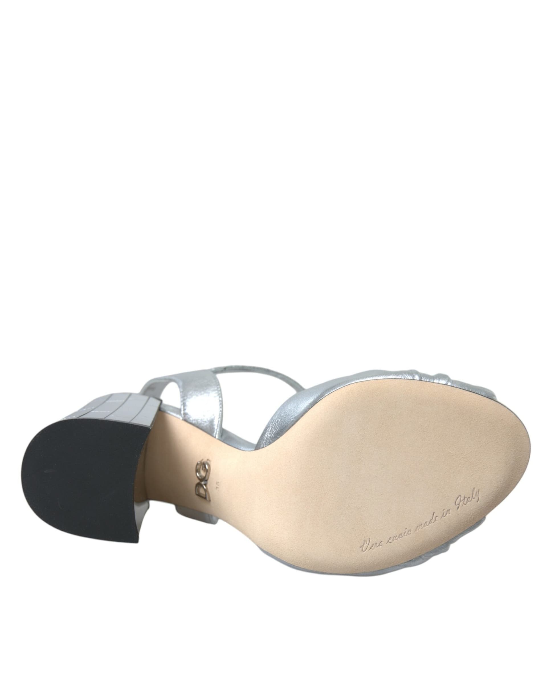 Dolce & Gabbana Silver Lambskin Leather Heels Sandals Shoes - 6