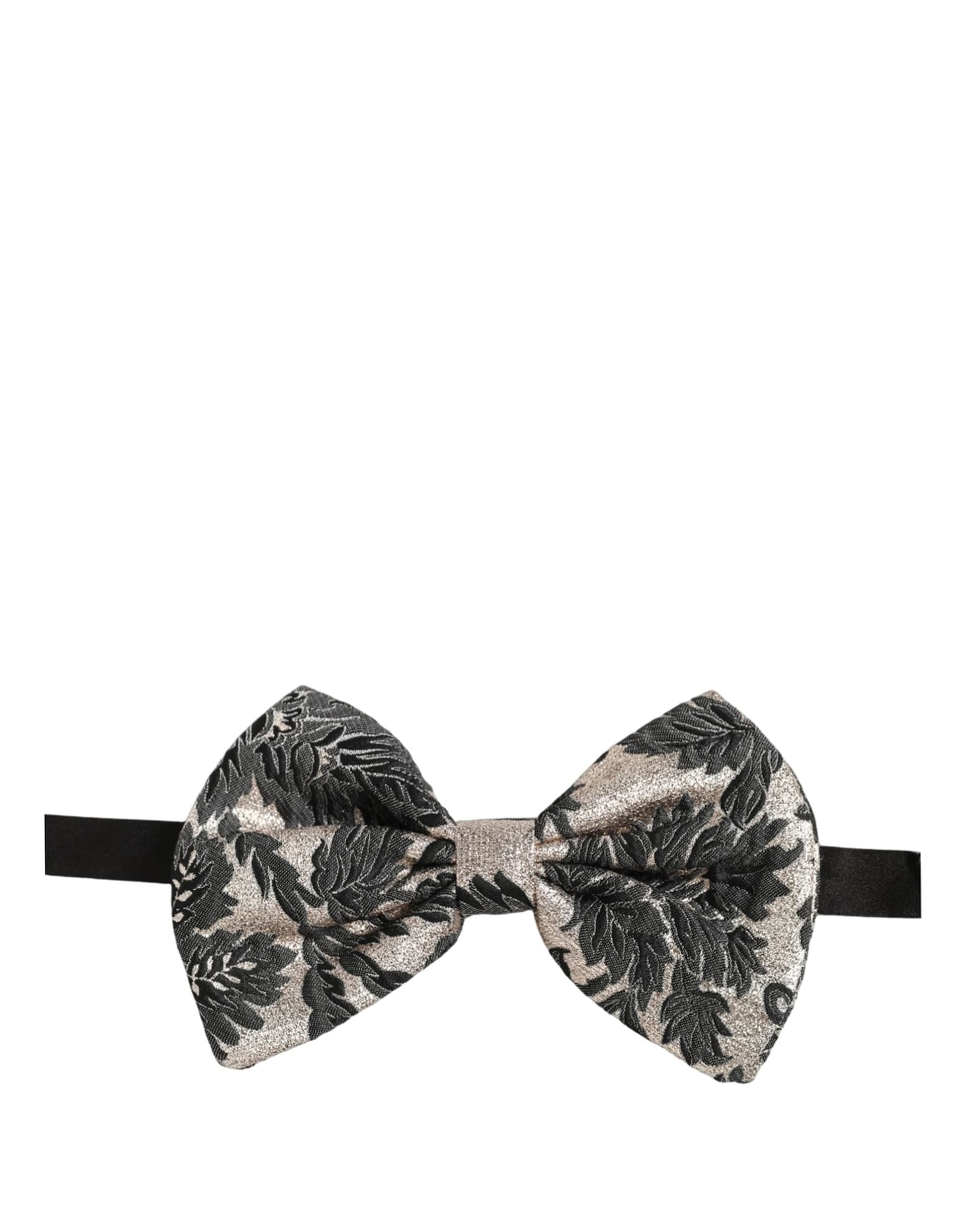Dolce & Gabbana Men Black Silver Floral Adjustable Neck Papillon Bow Tie - 2