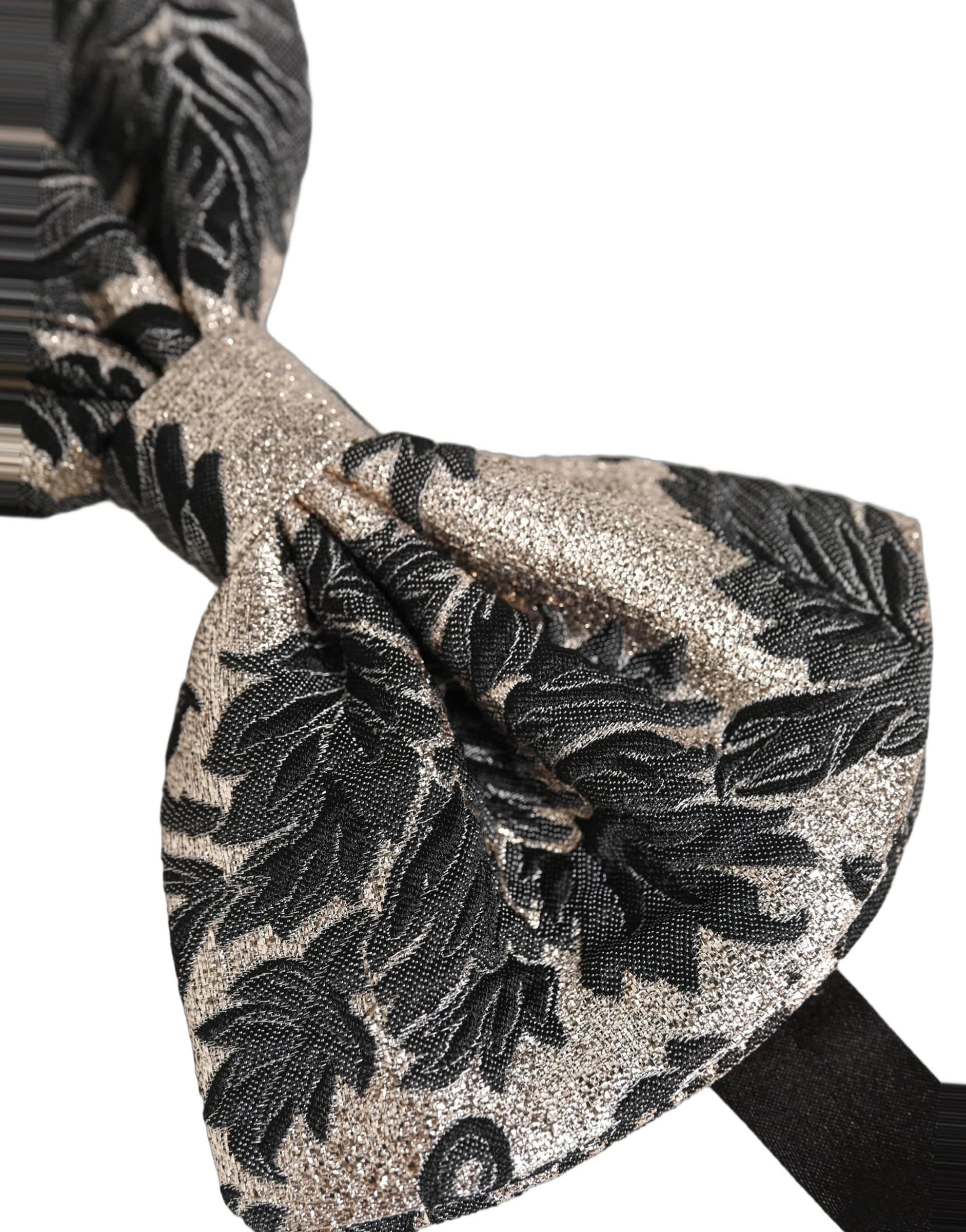 Dolce & Gabbana Men Black Silver Floral Adjustable Neck Papillon Bow Tie - 4