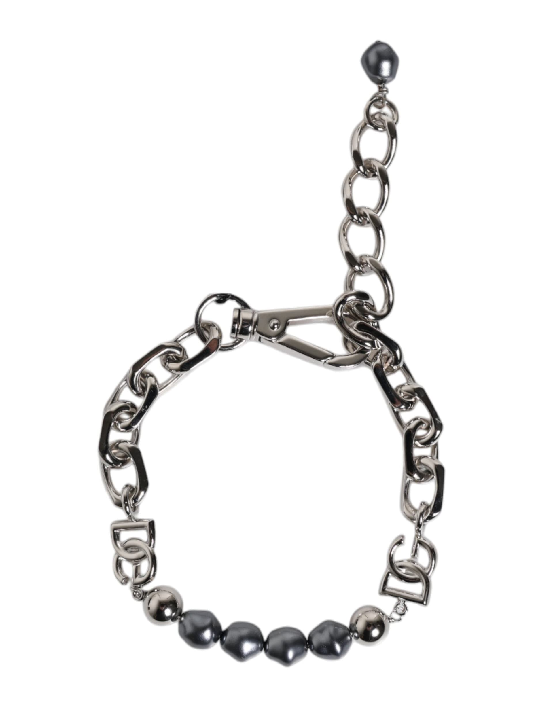 Dolce & Gabbana Silver Tone Chain Lobster Clasp Logo Gray Pearls Bracelet - 2