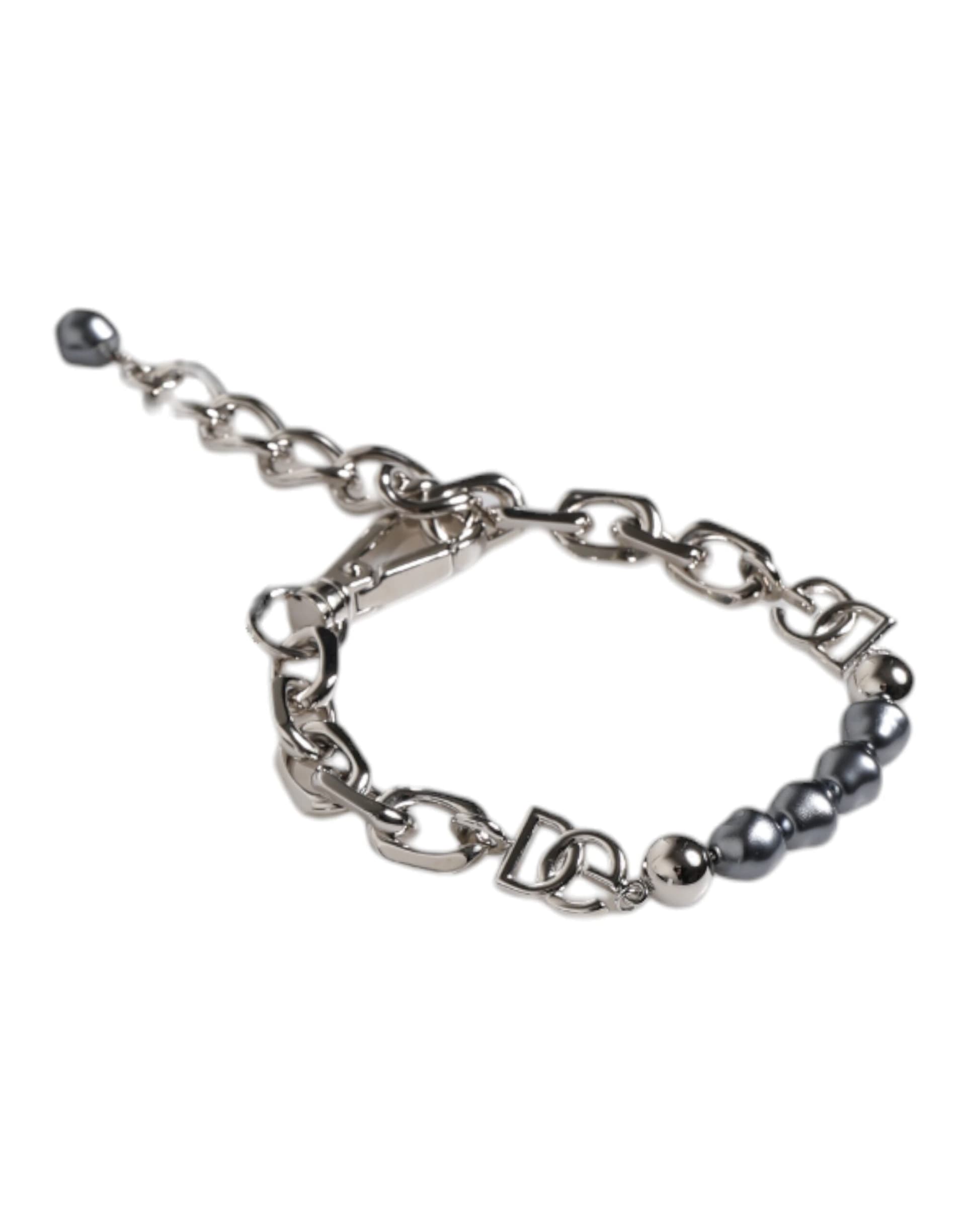 Dolce & Gabbana Silver Tone Chain Lobster Clasp Logo Gray Pearls Bracelet - 3