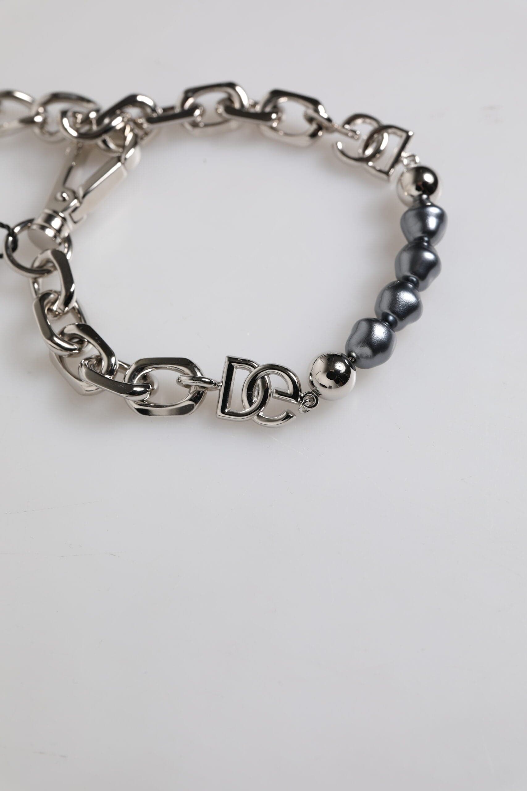 Dolce & Gabbana Silver Tone Chain Lobster Clasp Logo Gray Pearls Bracelet - 4