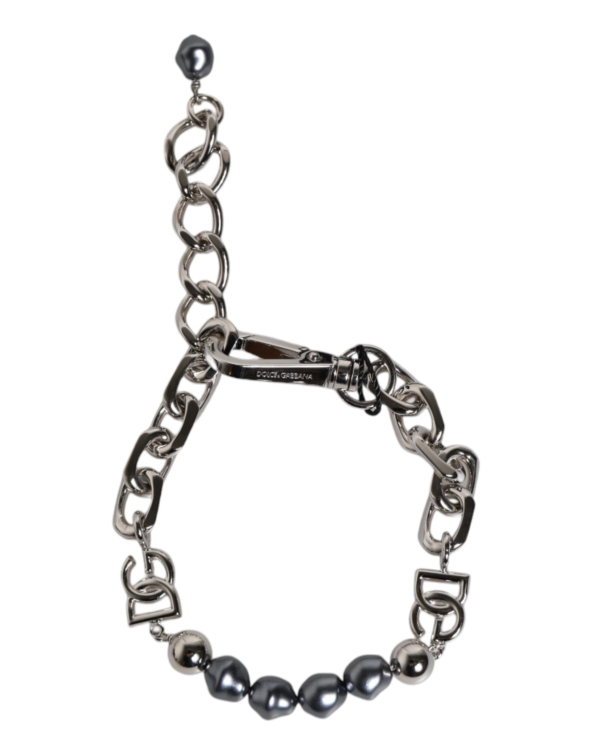 Dolce & Gabbana Silver Tone Chain Lobster Clasp Logo Gray Pearls Bracelet - 6