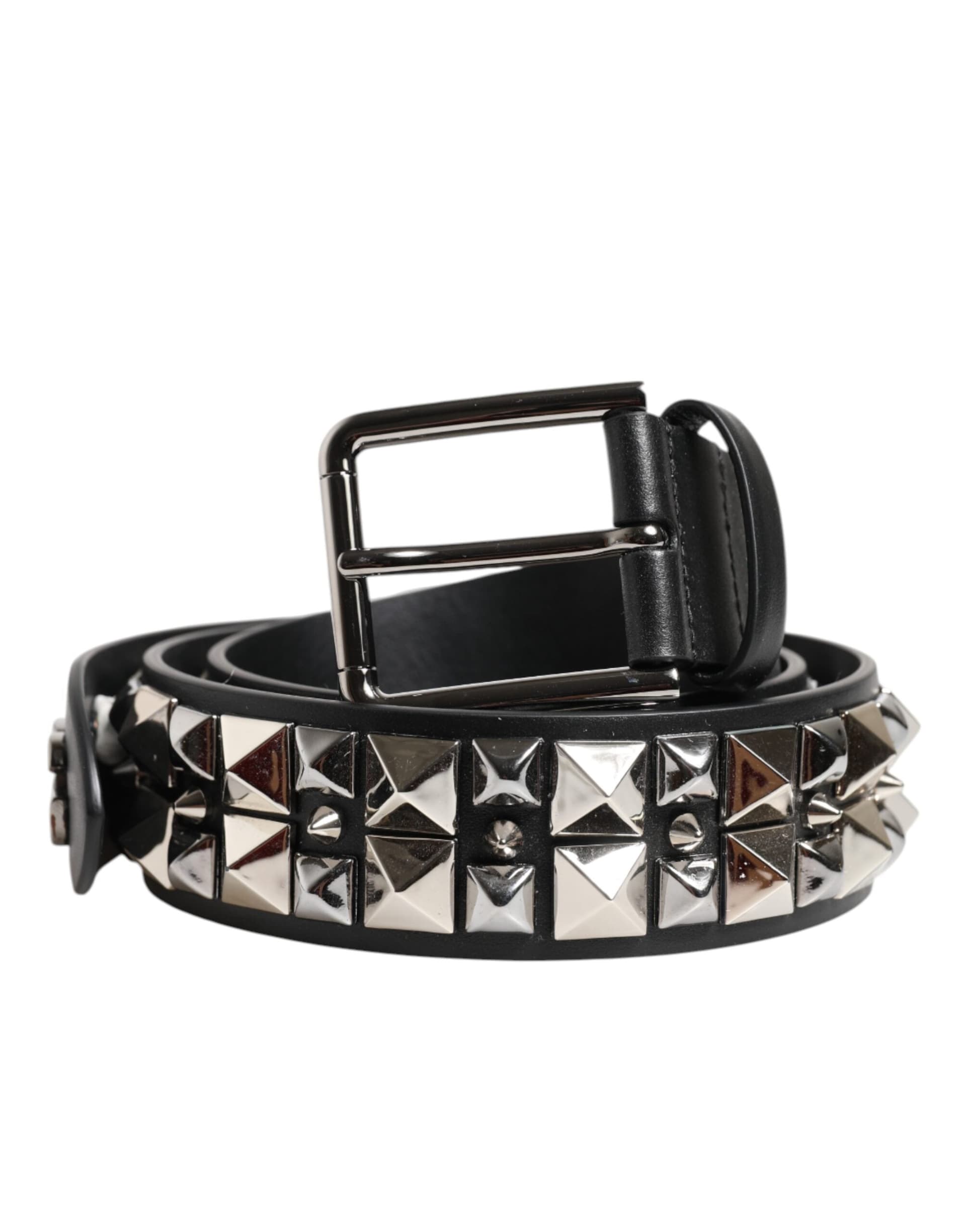 Dolce & Gabbana Black Calf Leather Studded Silver Buckle Belt - 2