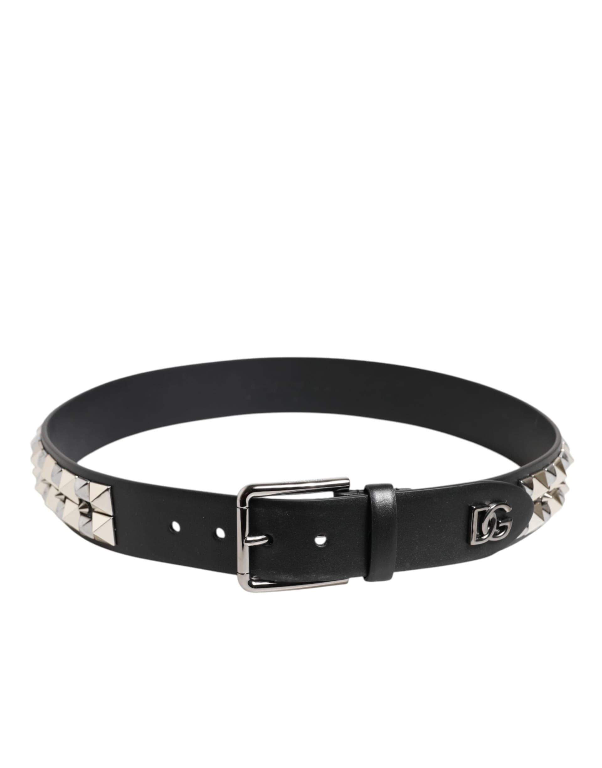 Dolce & Gabbana Black Calf Leather Studded Silver Buckle Belt - 3