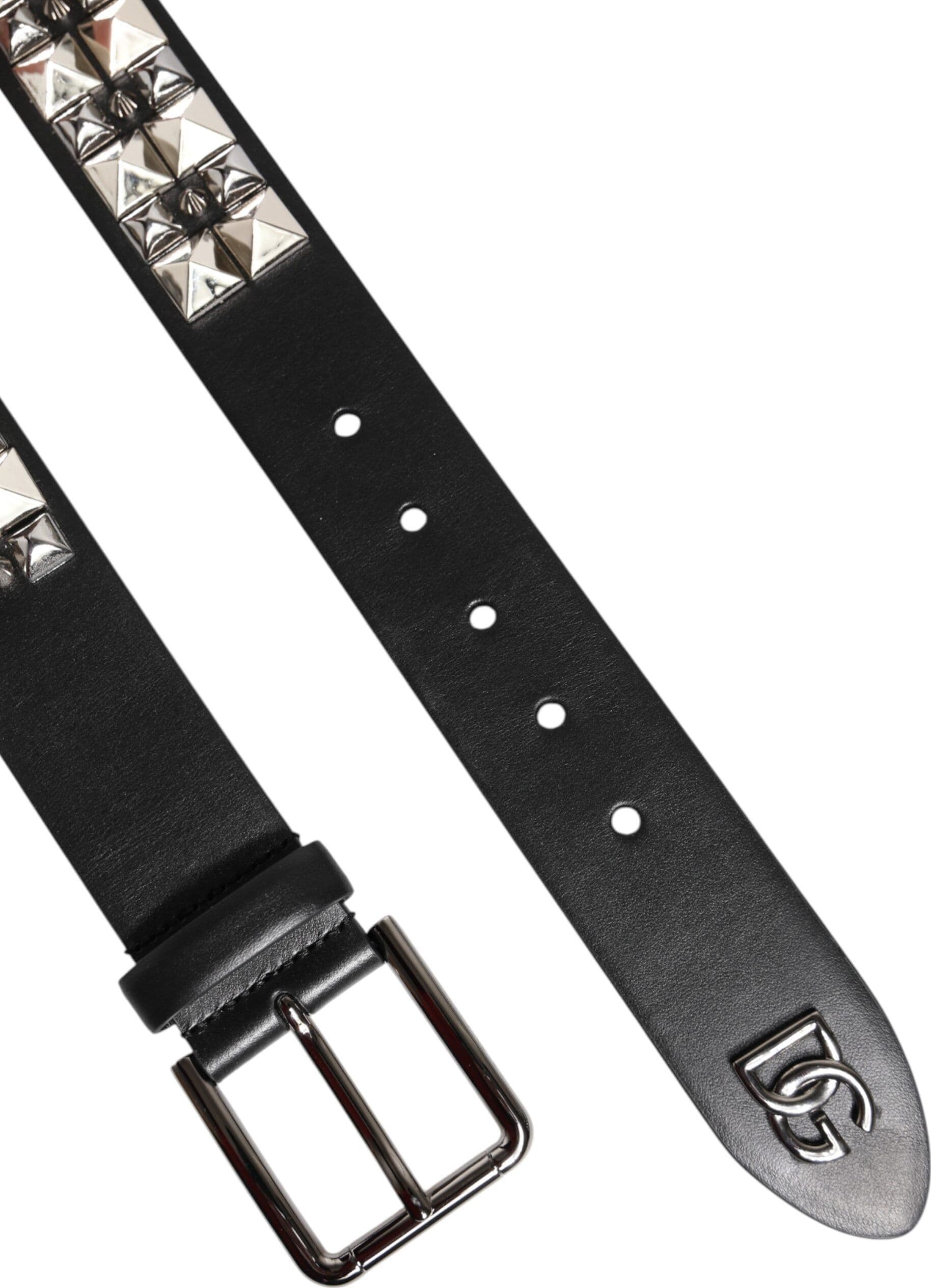 Dolce & Gabbana Black Calf Leather Studded Silver Buckle Belt - 7
