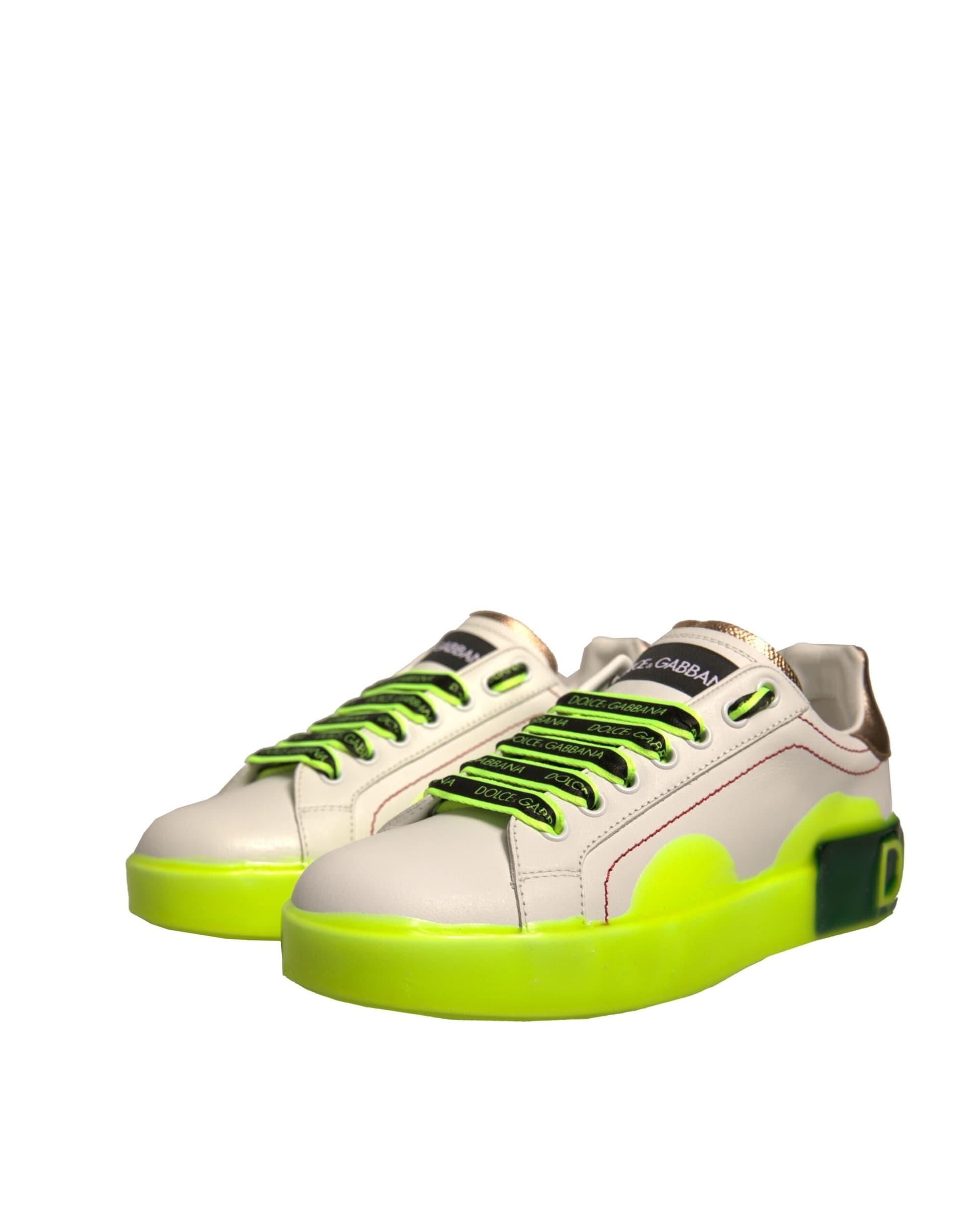 Dolce & Gabbana White Yellow Portofino Leather Sneakers Shoes - 2