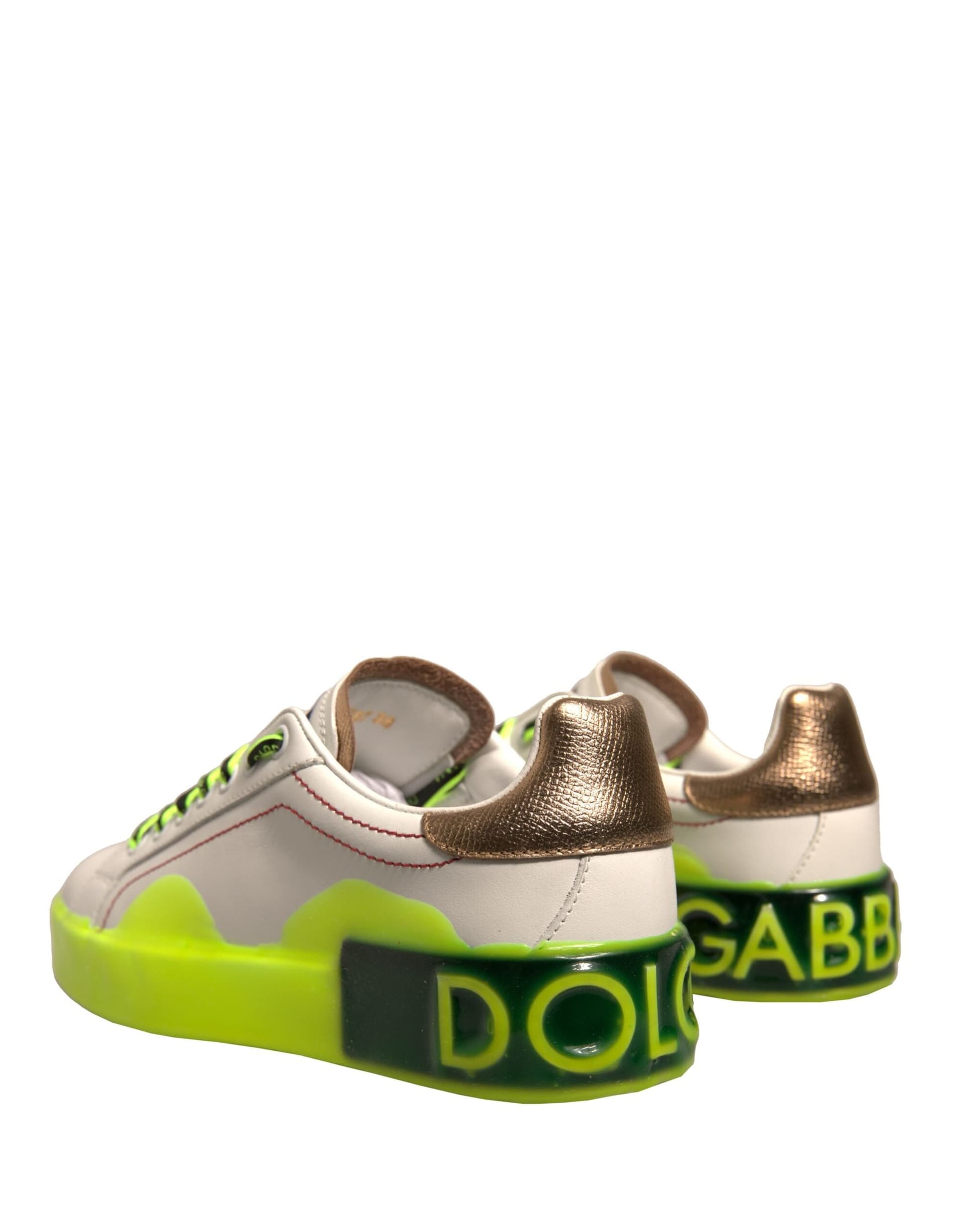 Dolce & Gabbana White Yellow Portofino Leather Sneakers Shoes - 3