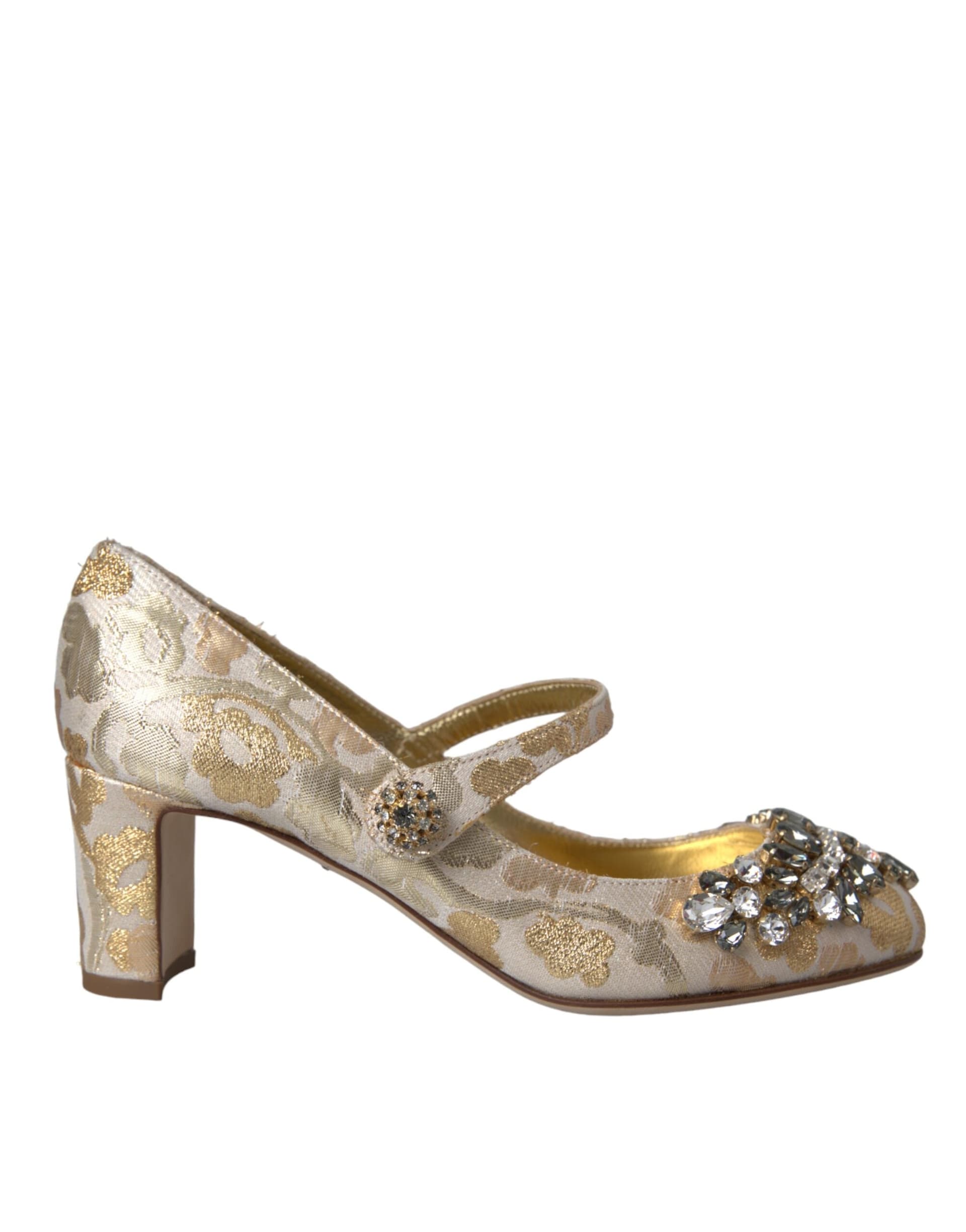 Dolce & Gabbana Gold Jacquard Crystal Mary Janes Pumps Shoes - 5