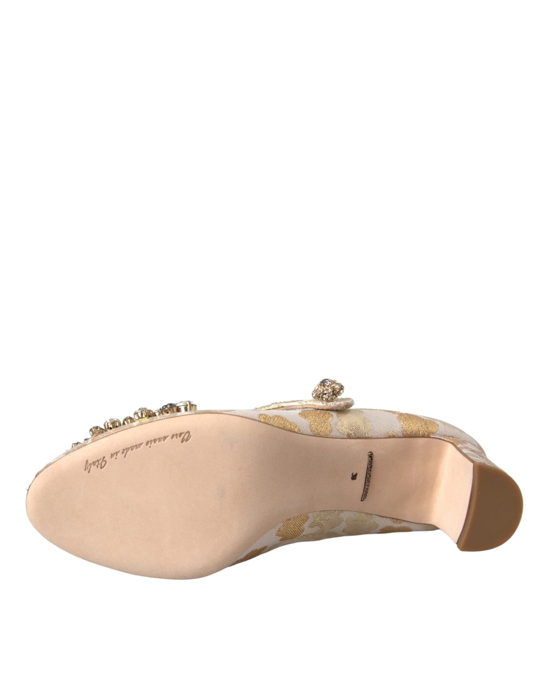 Dolce & Gabbana Gold Jacquard Crystal Mary Janes Pumps Shoes - 6