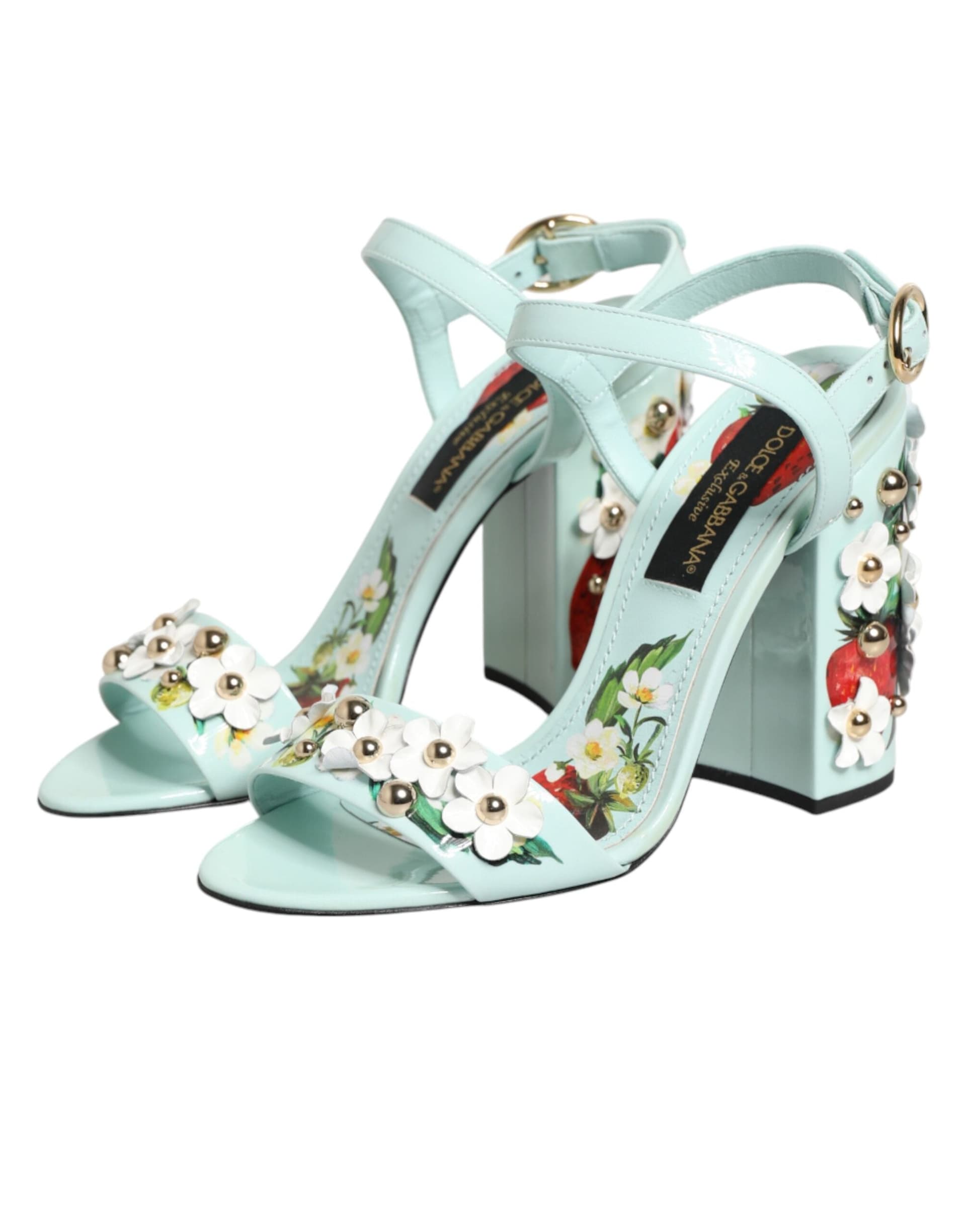 Dolce & Gabbana Mint Green Floral Studs Heels Sandals Shoes - 3