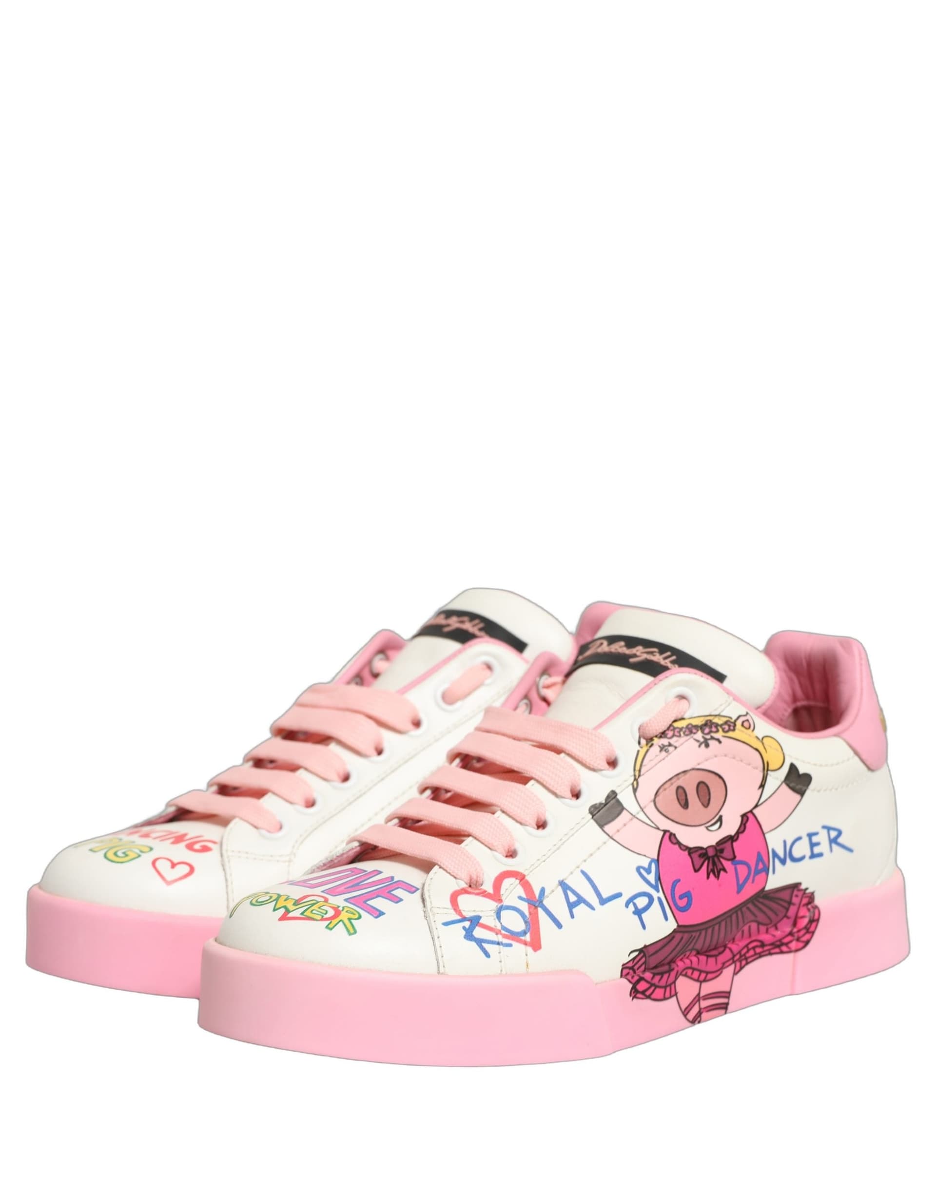 Dolce & Gabbana White Pink Portofino Royal Pig Sneakers Shoes - 3