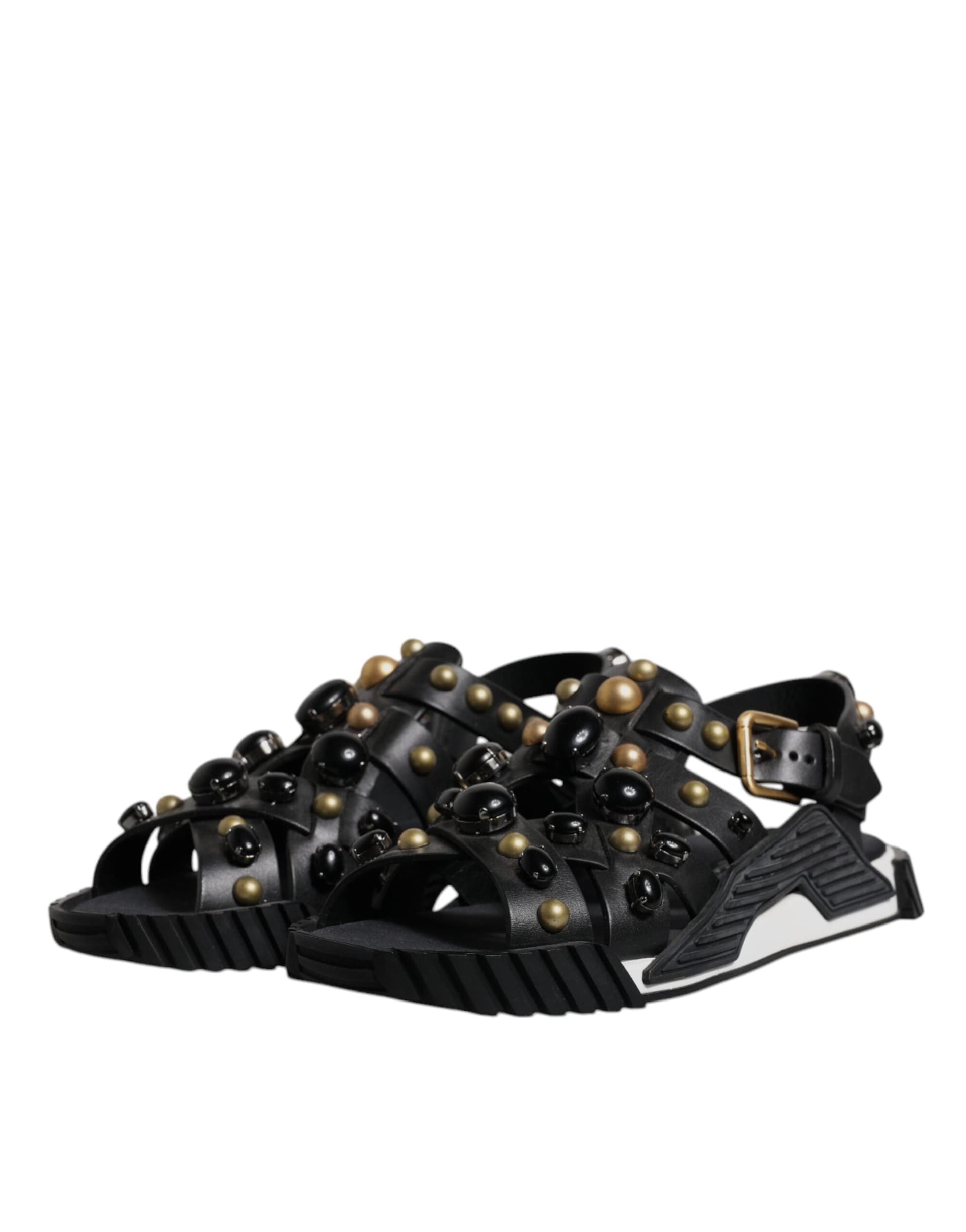 Dolce & Gabbana Black Leather Studded Slides Sandals Shoes - 3
