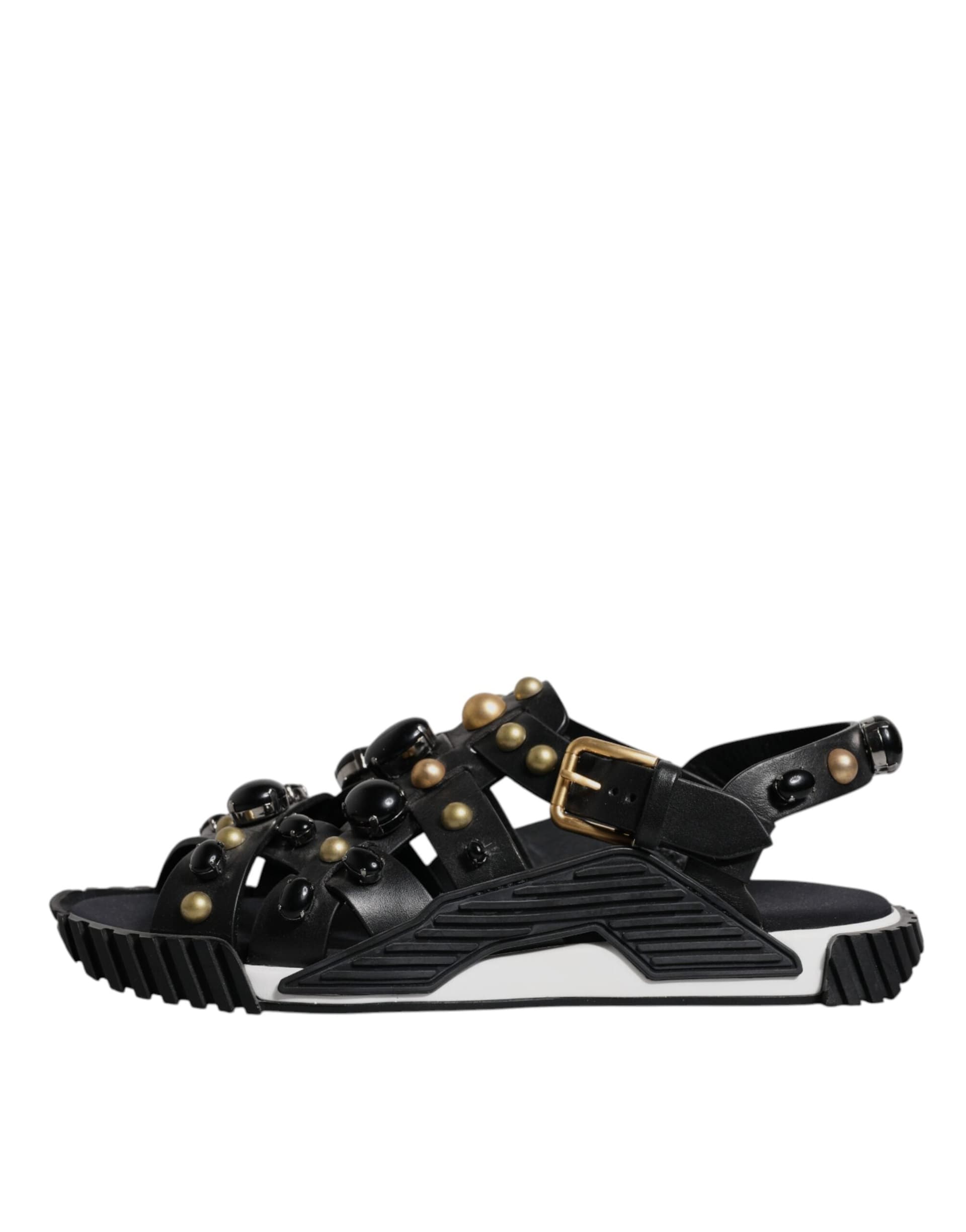 Dolce & Gabbana Black Leather Studded Slides Sandals Shoes - 5