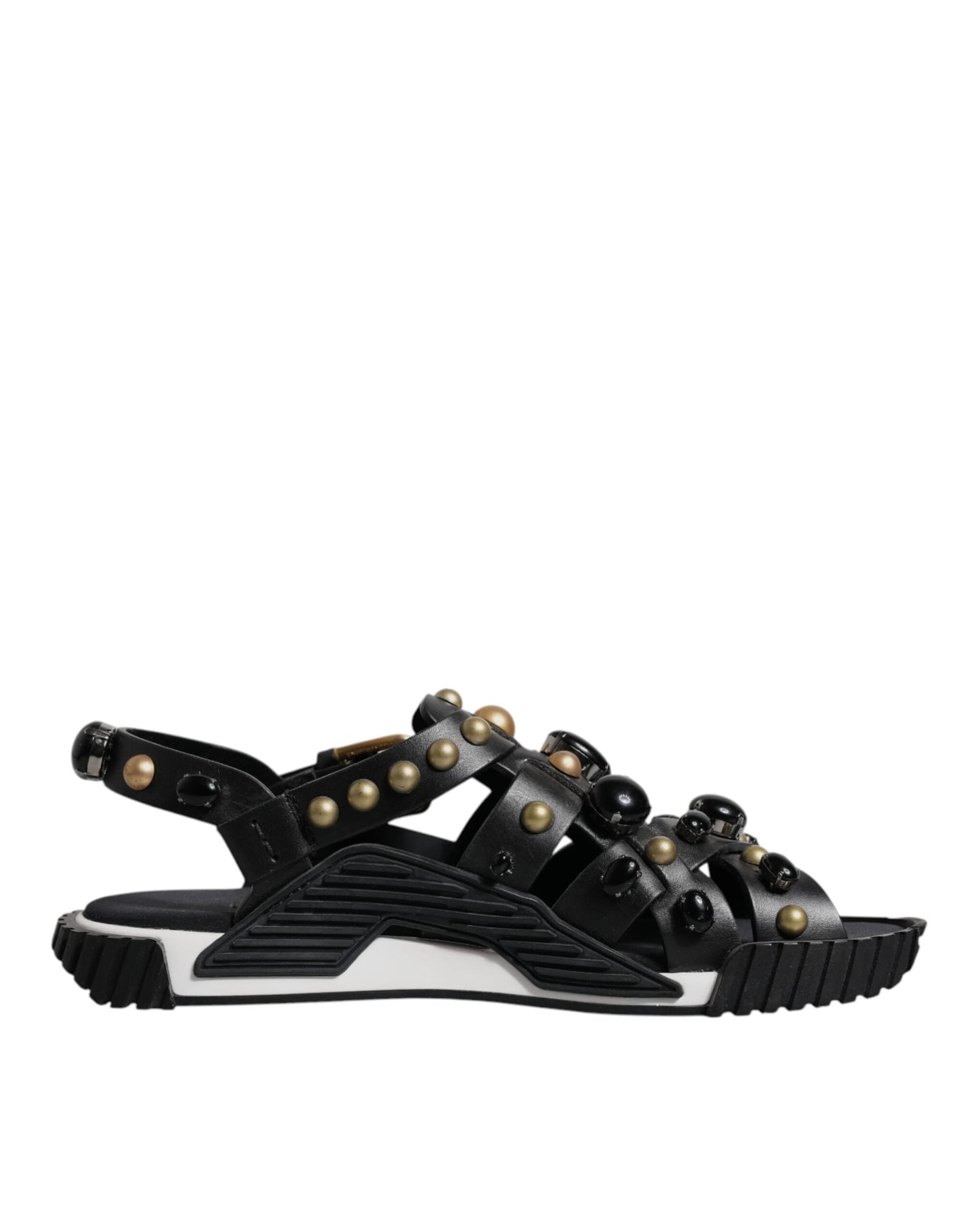 Dolce & Gabbana Black Leather Studded Slides Sandals Shoes - 6