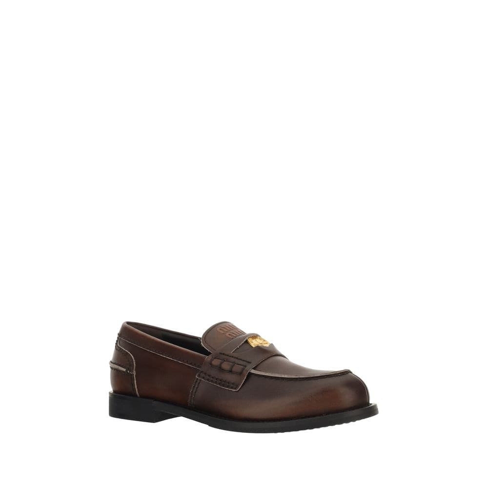 Miu Miu Brown Calf Leather Bos Taurus Slip-On Loafers - 2