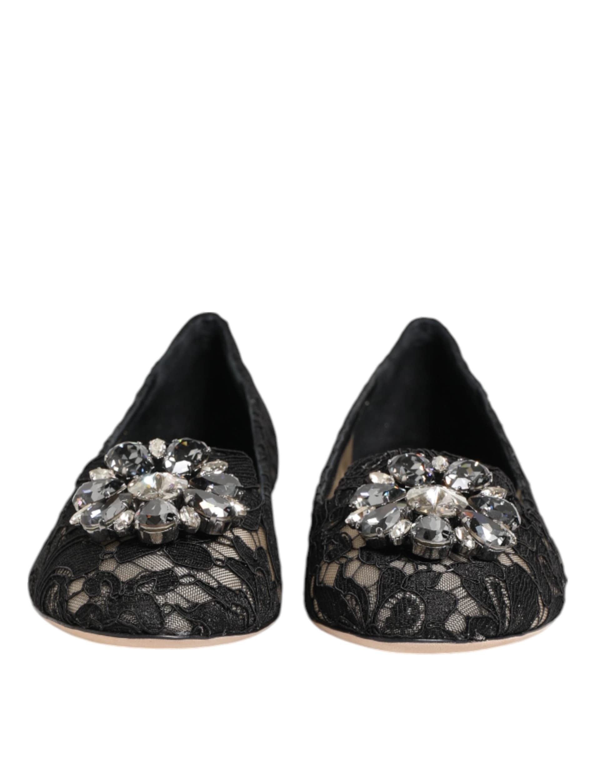 Dolce & Gabbana Black Taormina Lace Crystals Flats Shoes - 5