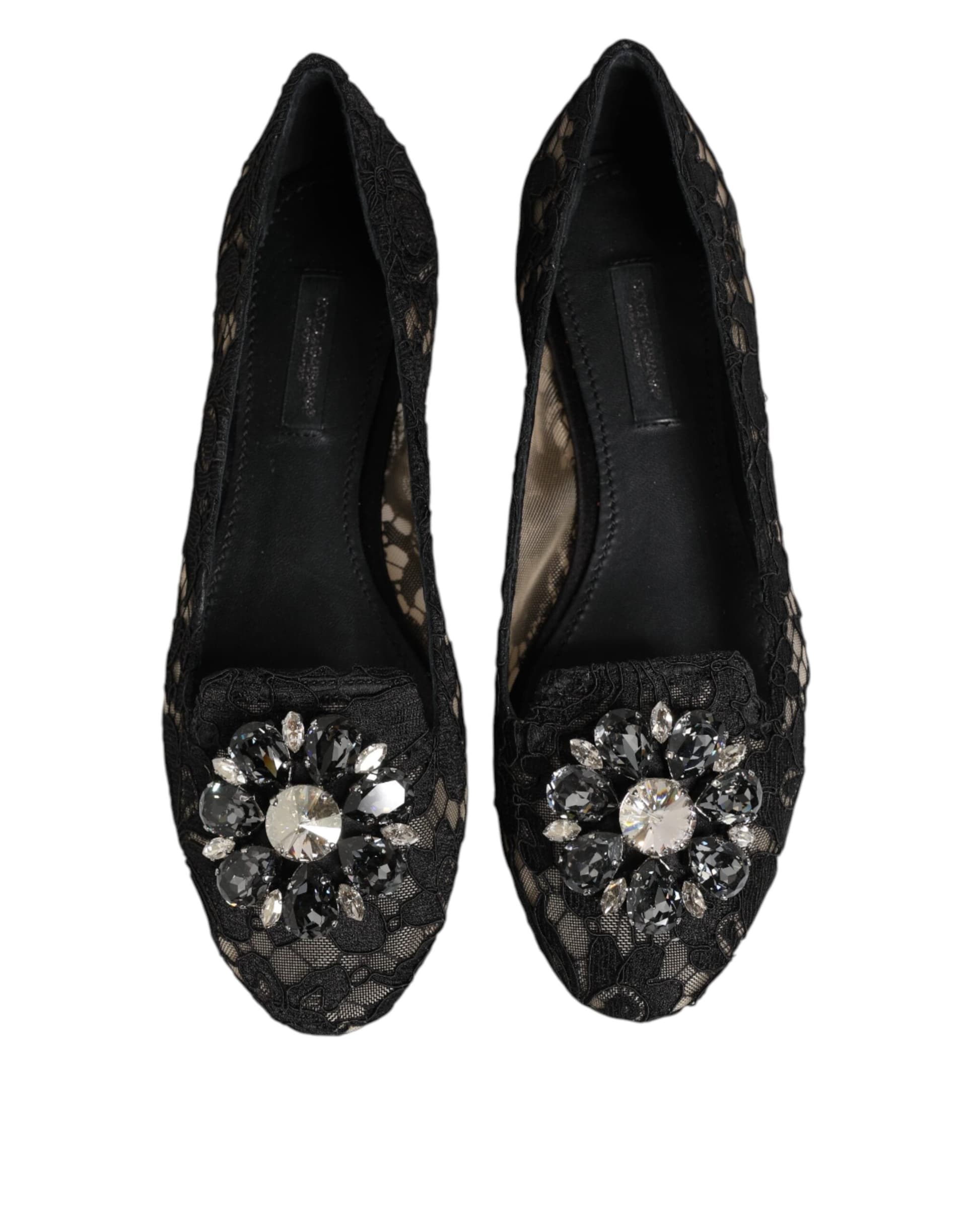 Dolce & Gabbana Black Taormina Lace Crystals Flats Shoes - 6