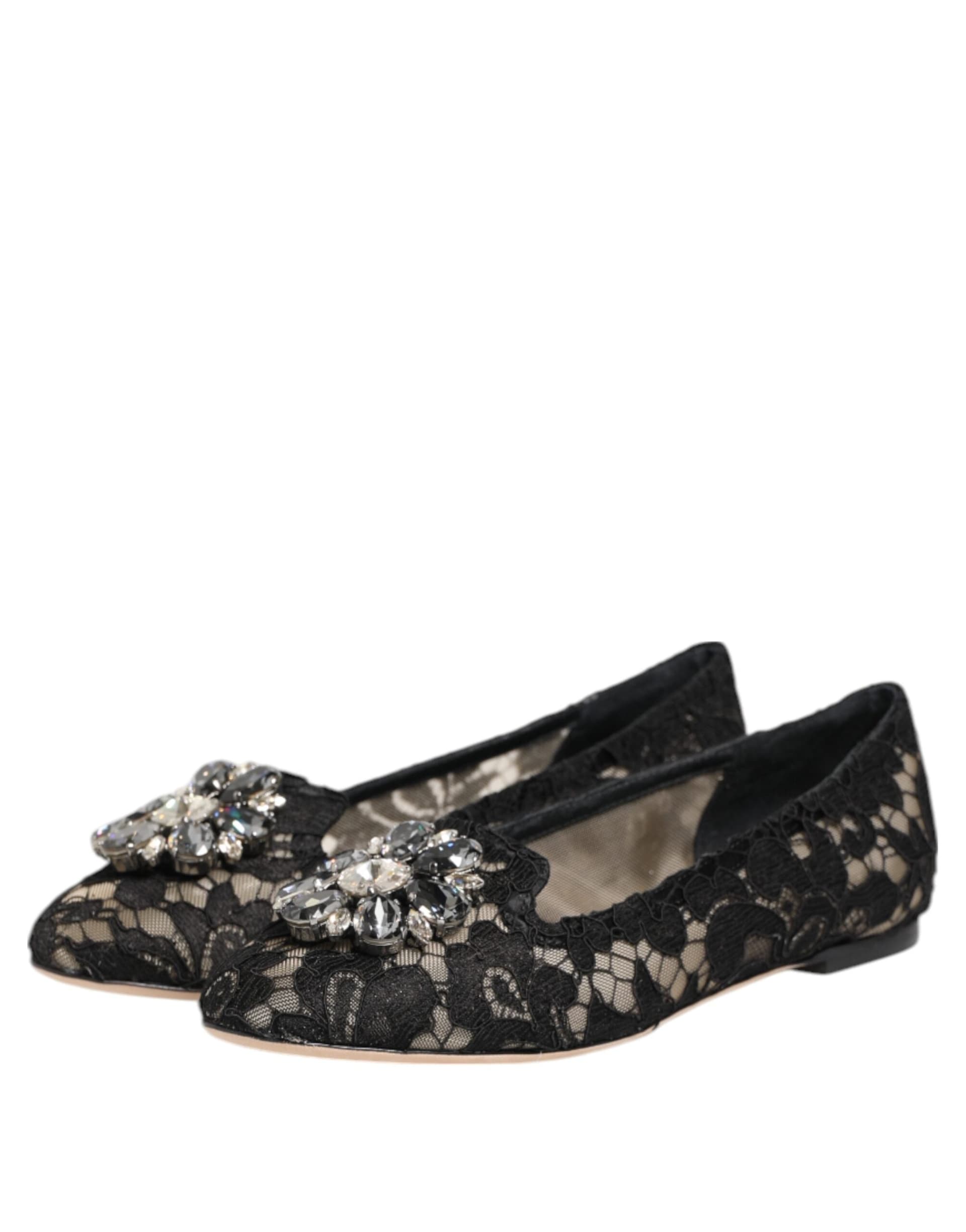Dolce & Gabbana Black Taormina Lace Crystals Flats Shoes - 7