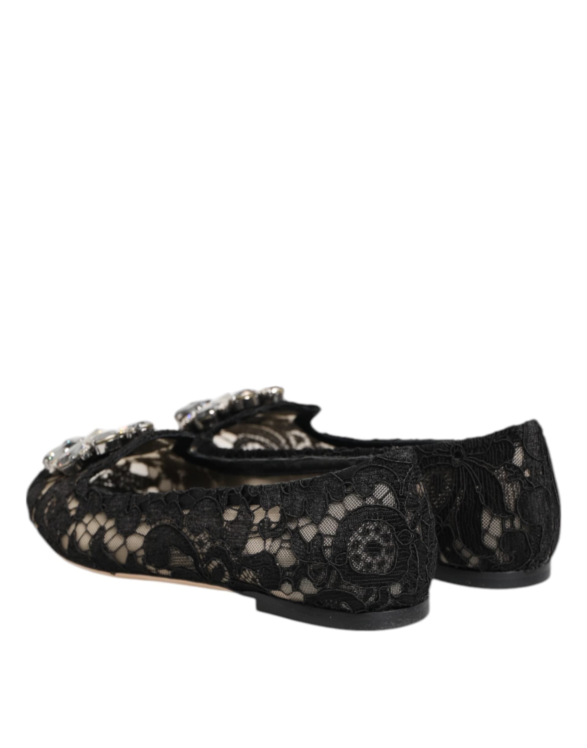 Dolce & Gabbana Black Taormina Lace Crystals Flats Shoes - 8