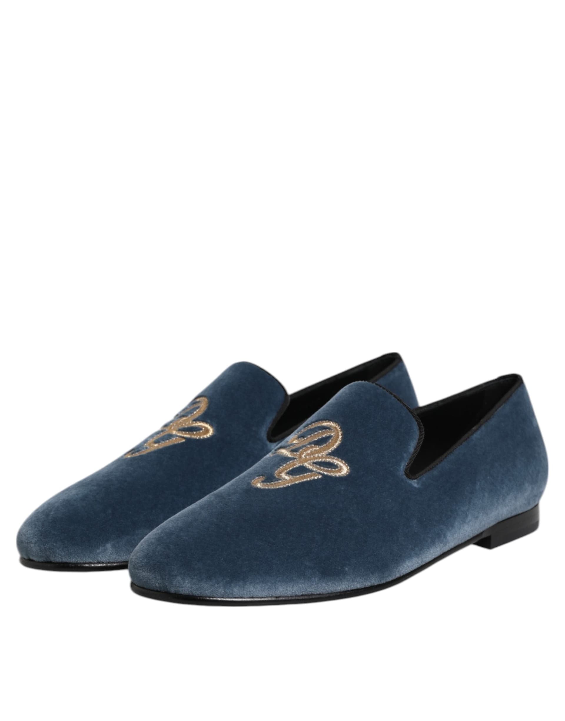 Dolce & Gabbana Blue Velvet DG Logo Loafers Formal Shoes - 3