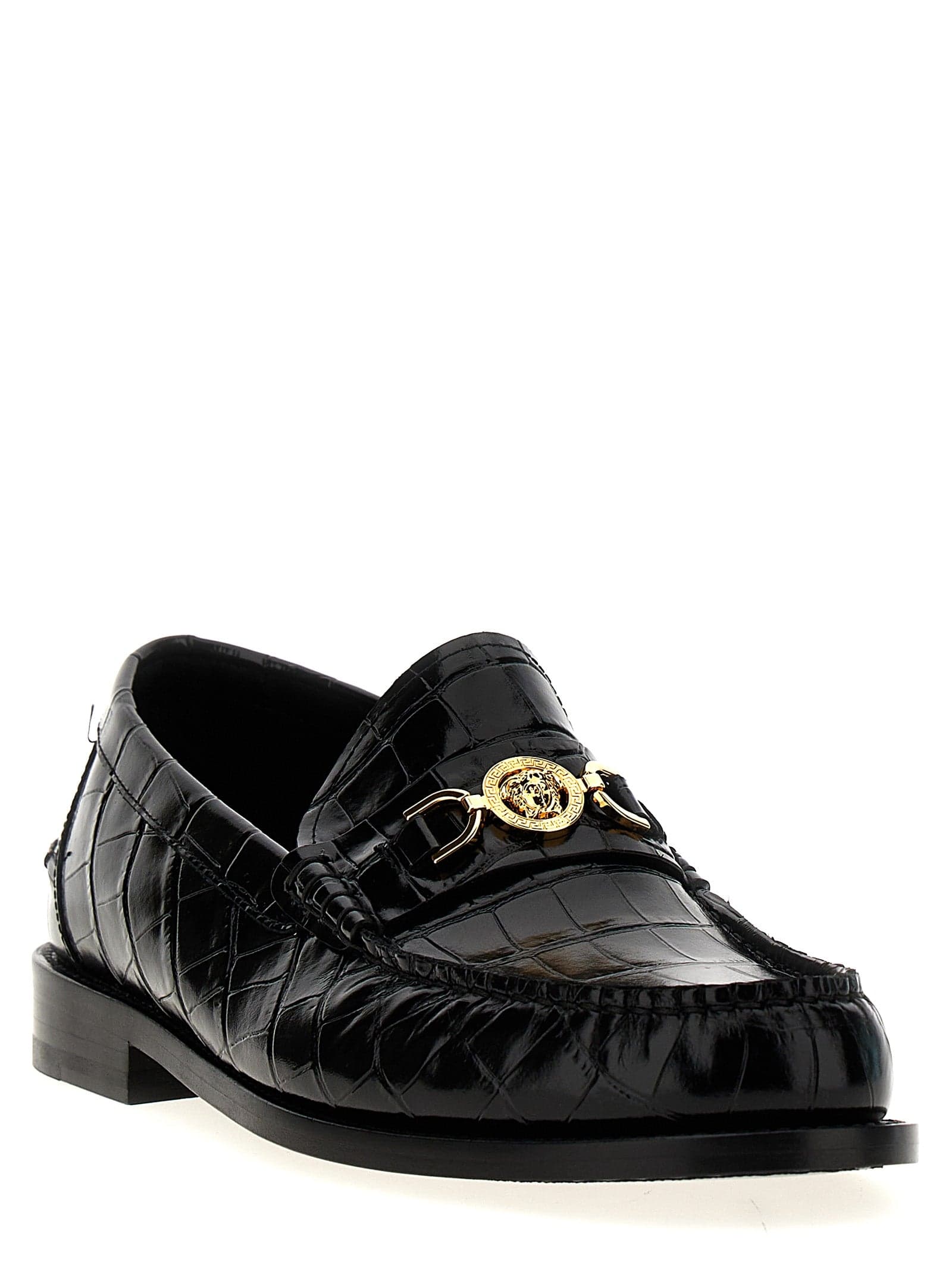 Versace Black Velvet Leather Slip-On Loafers - 2