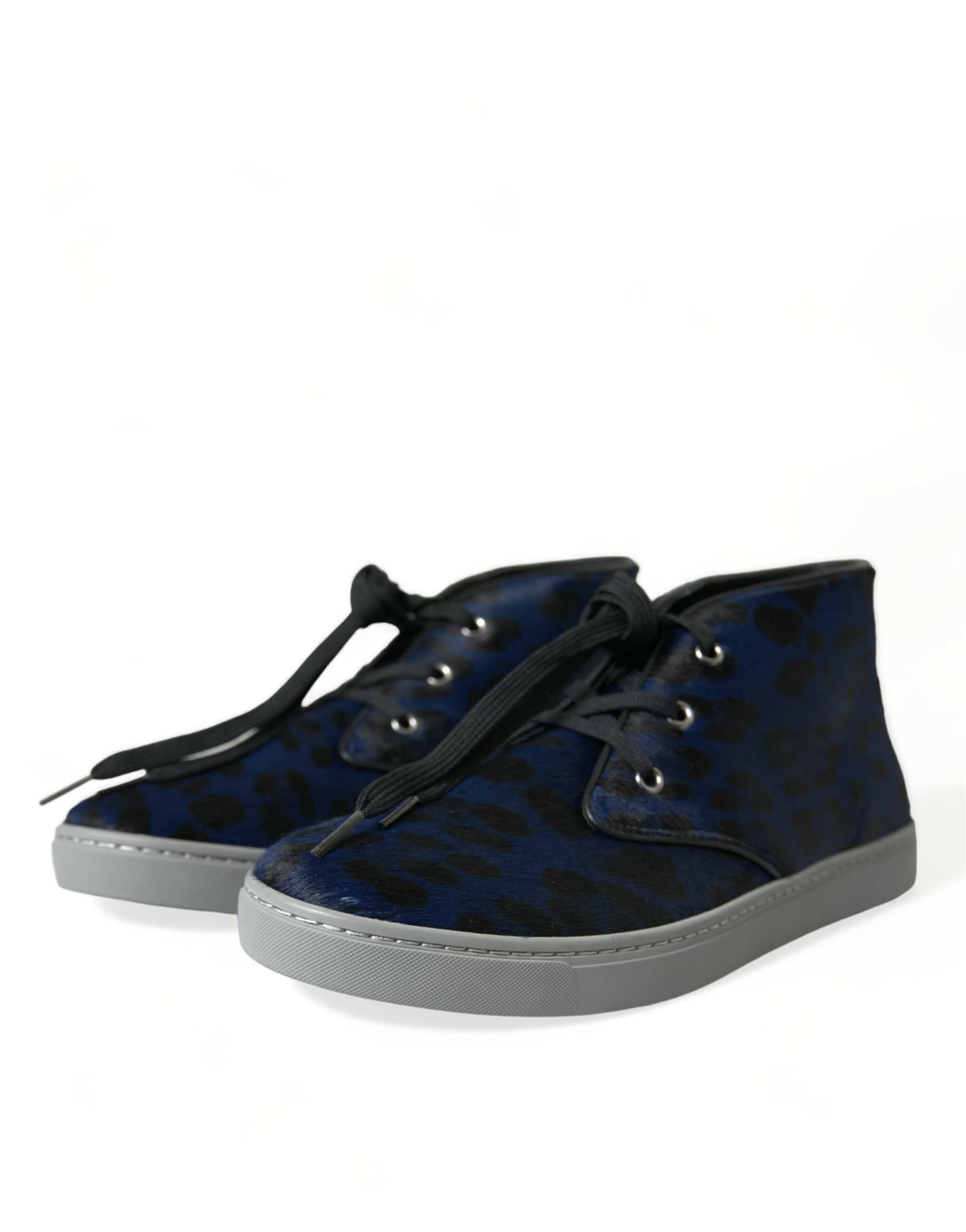 Dolce & Gabbana Blue Calfskin Leopard Mid Top Sneakers Shoes - 2
