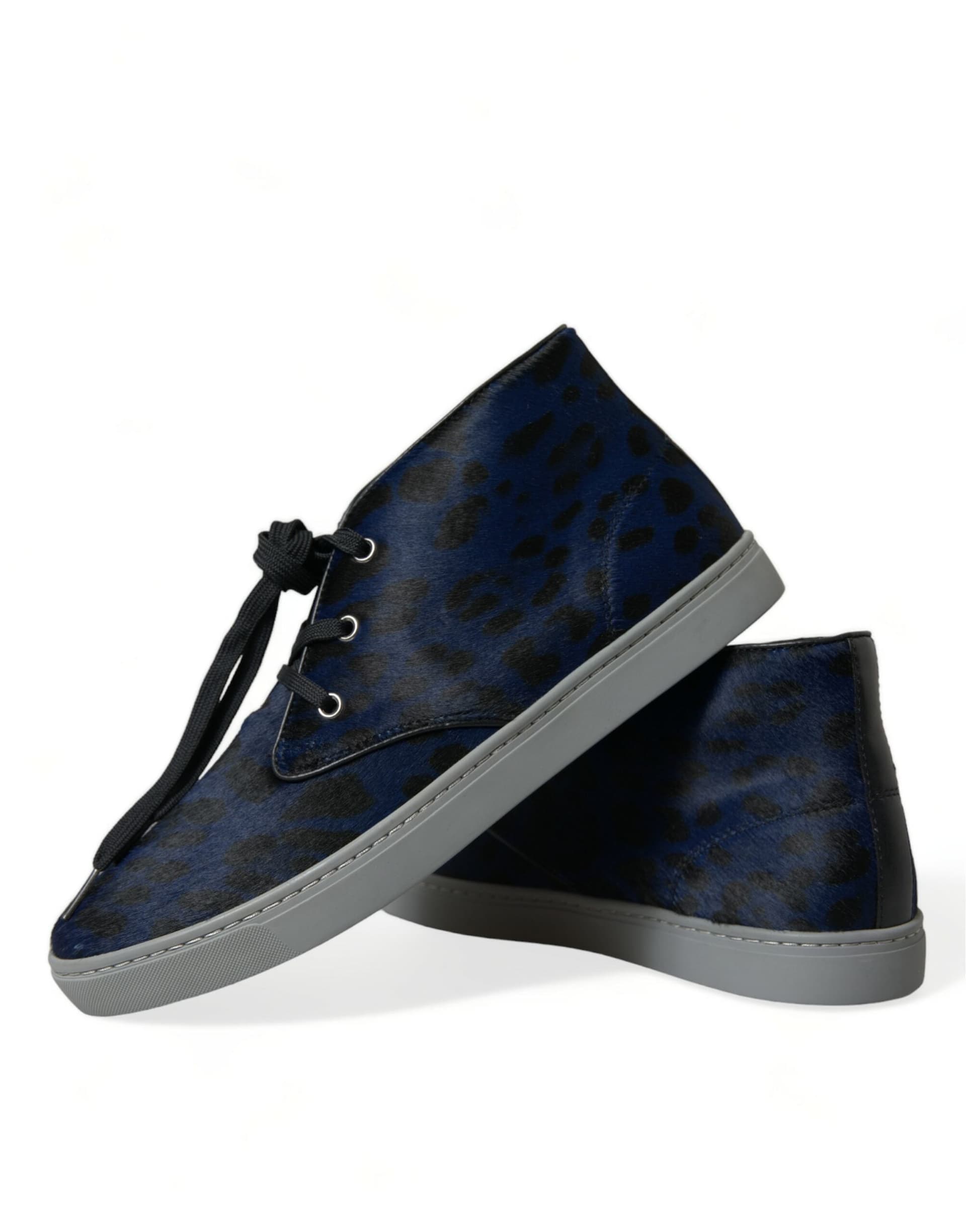 Dolce & Gabbana Blue Calfskin Leopard Mid Top Sneakers Shoes - 7