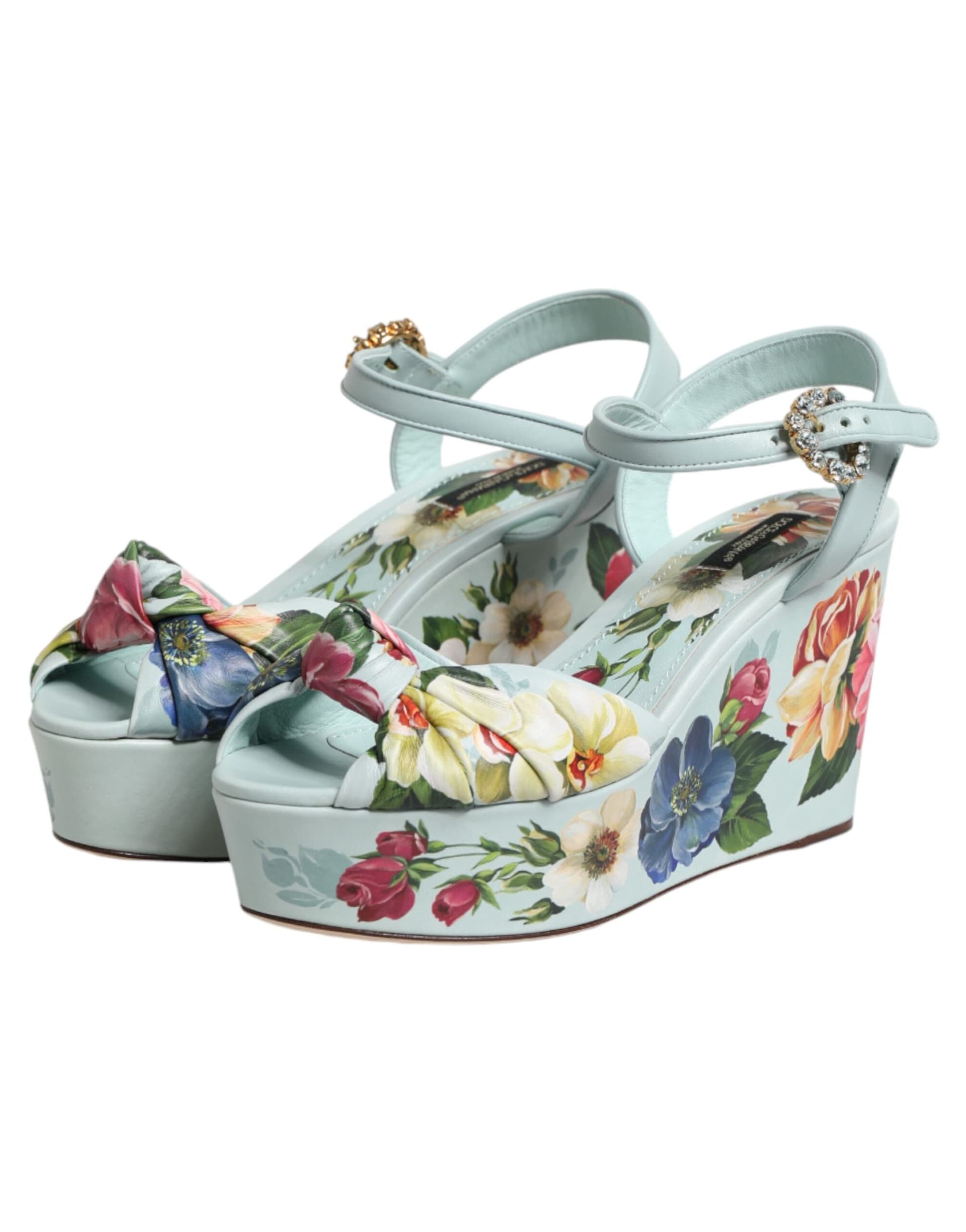 Dolce & Gabbana Green Floral Ankle Strap Wedge Sandals Shoes - 3
