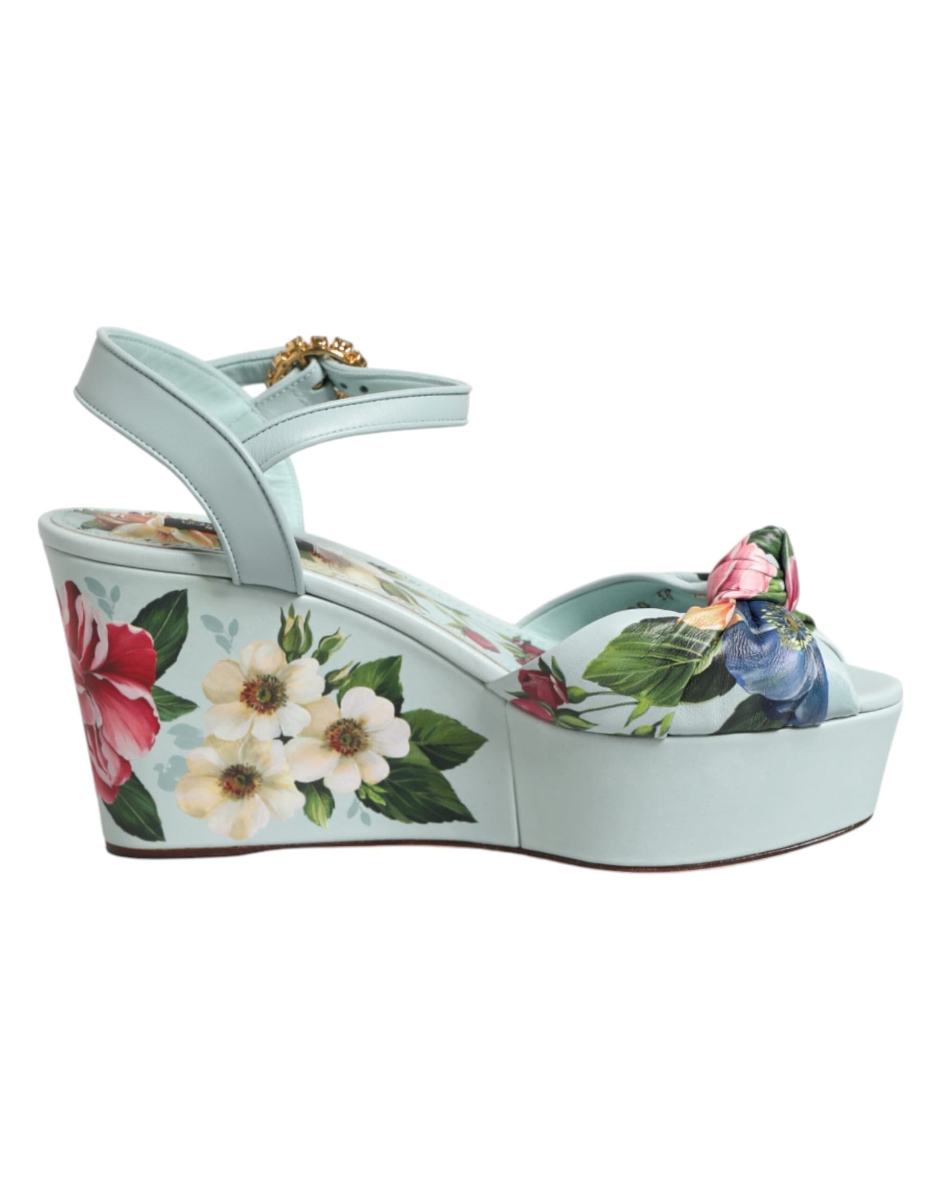 Dolce & Gabbana Green Floral Ankle Strap Wedge Sandals Shoes - 6