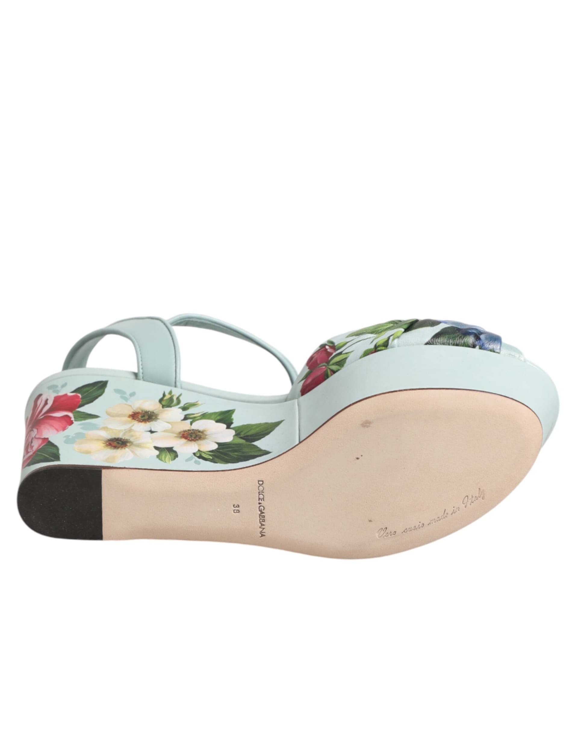 Dolce & Gabbana Green Floral Ankle Strap Wedge Sandals Shoes - 8