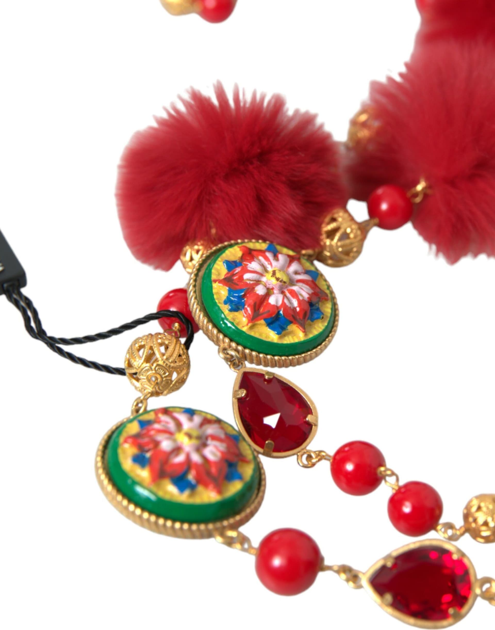 Dolce & Gabbana Gold Brass Red Fur Crystal Carretto Chain Necklace - 3