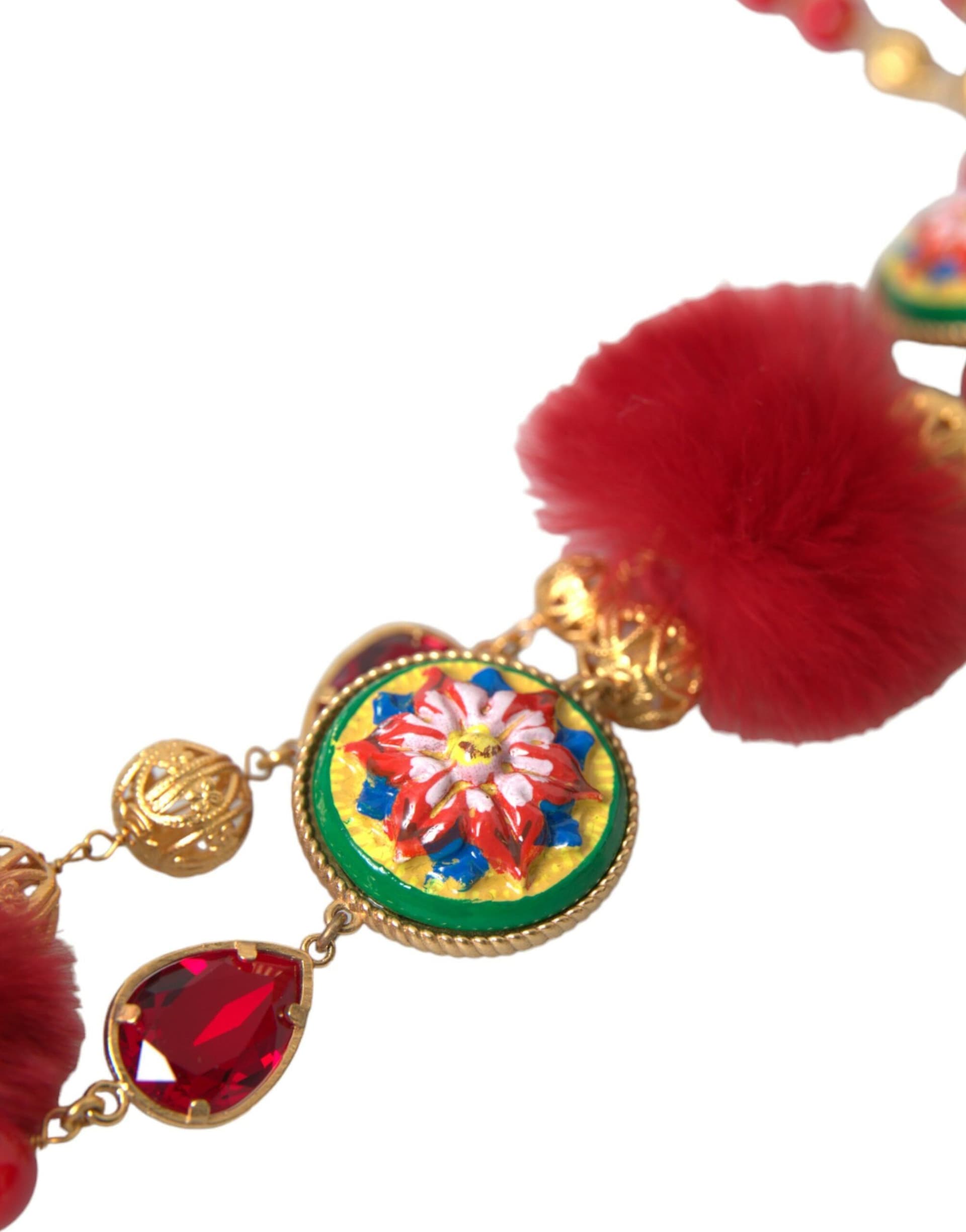 Dolce & Gabbana Gold Brass Red Fur Crystal Carretto Chain Necklace - 4