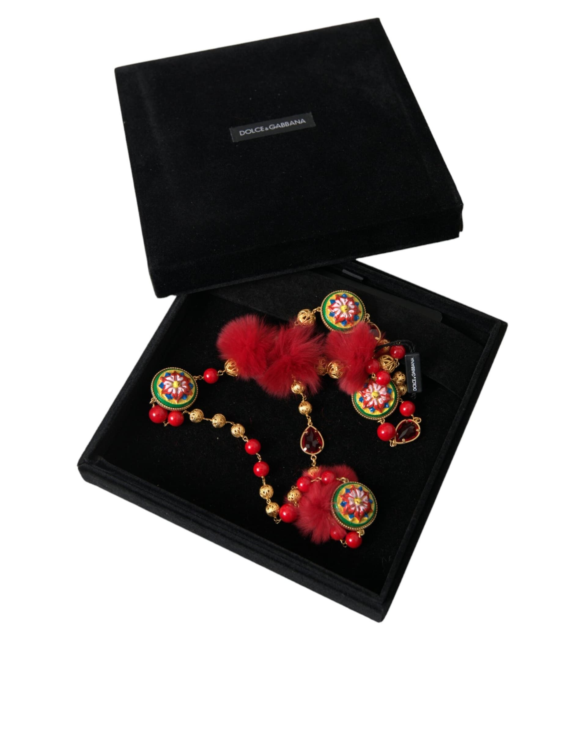 Dolce & Gabbana Gold Brass Red Fur Crystal Carretto Chain Necklace - 5