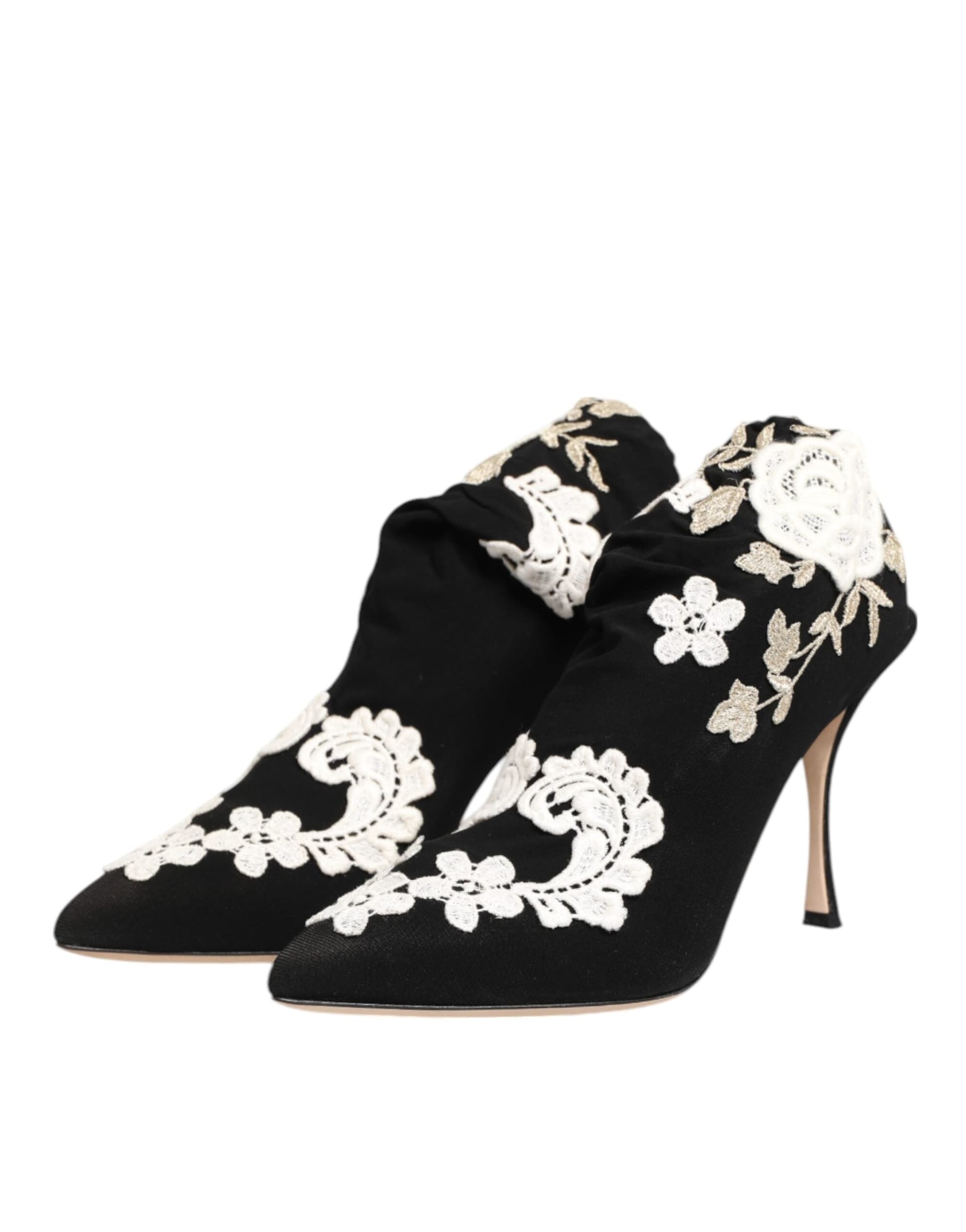 Dolce & Gabbana Black White Embroidered Jersey Stiletto Boots Shoes - 2