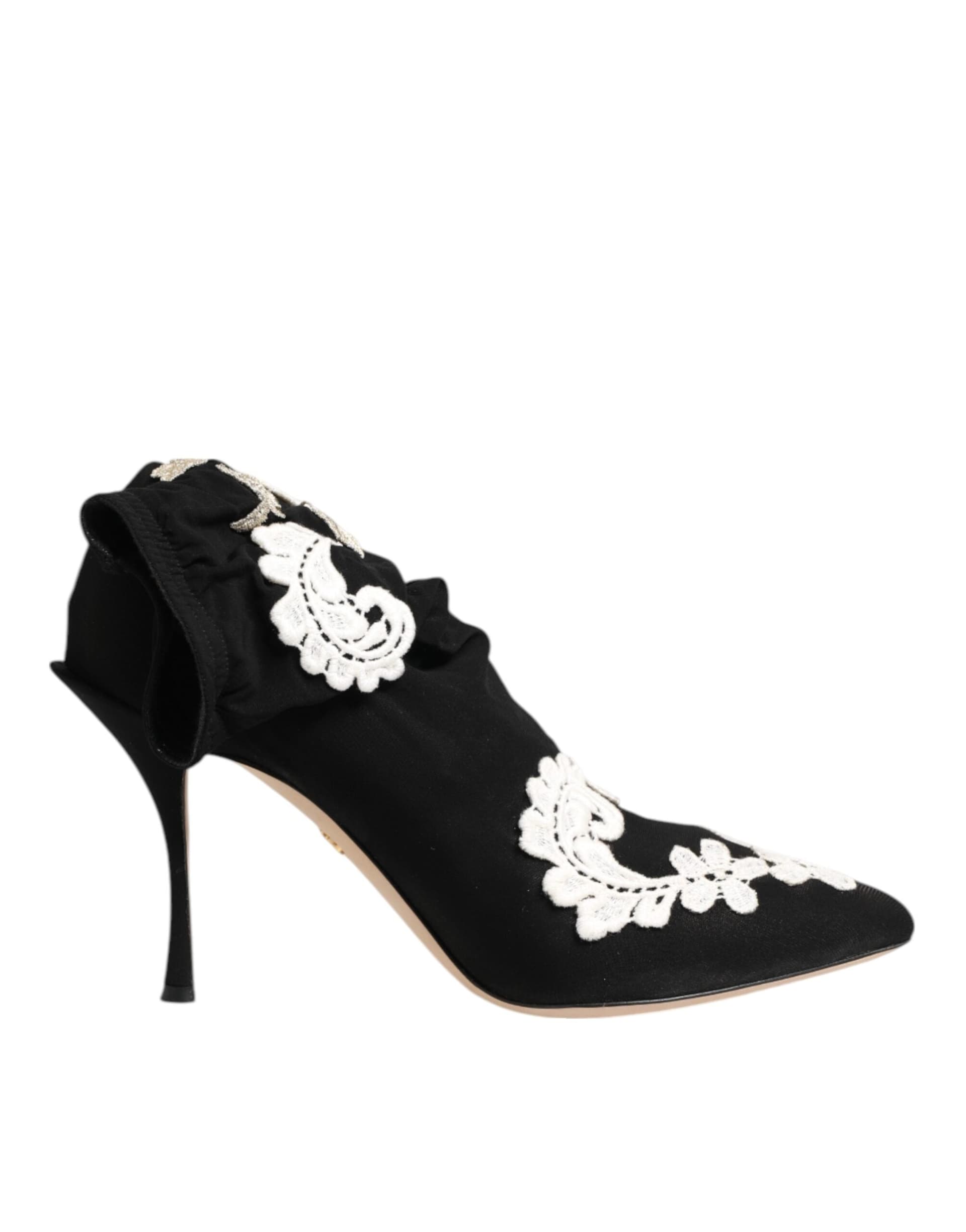 Dolce & Gabbana Black White Embroidered Jersey Stiletto Boots Shoes - 5