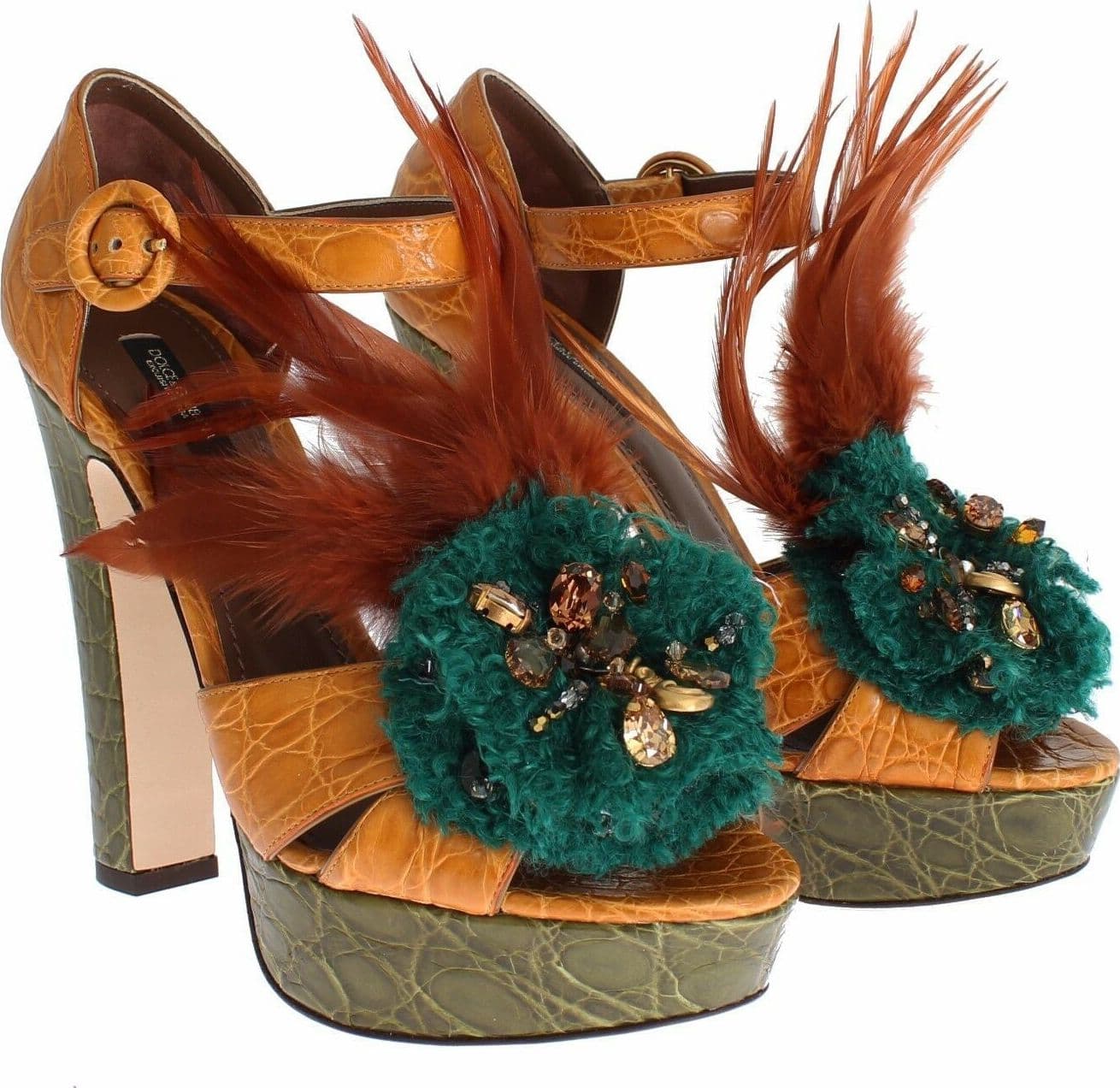 Dolce & Gabbana Orange Leather Crystal Platform Sandal Shoes - 3