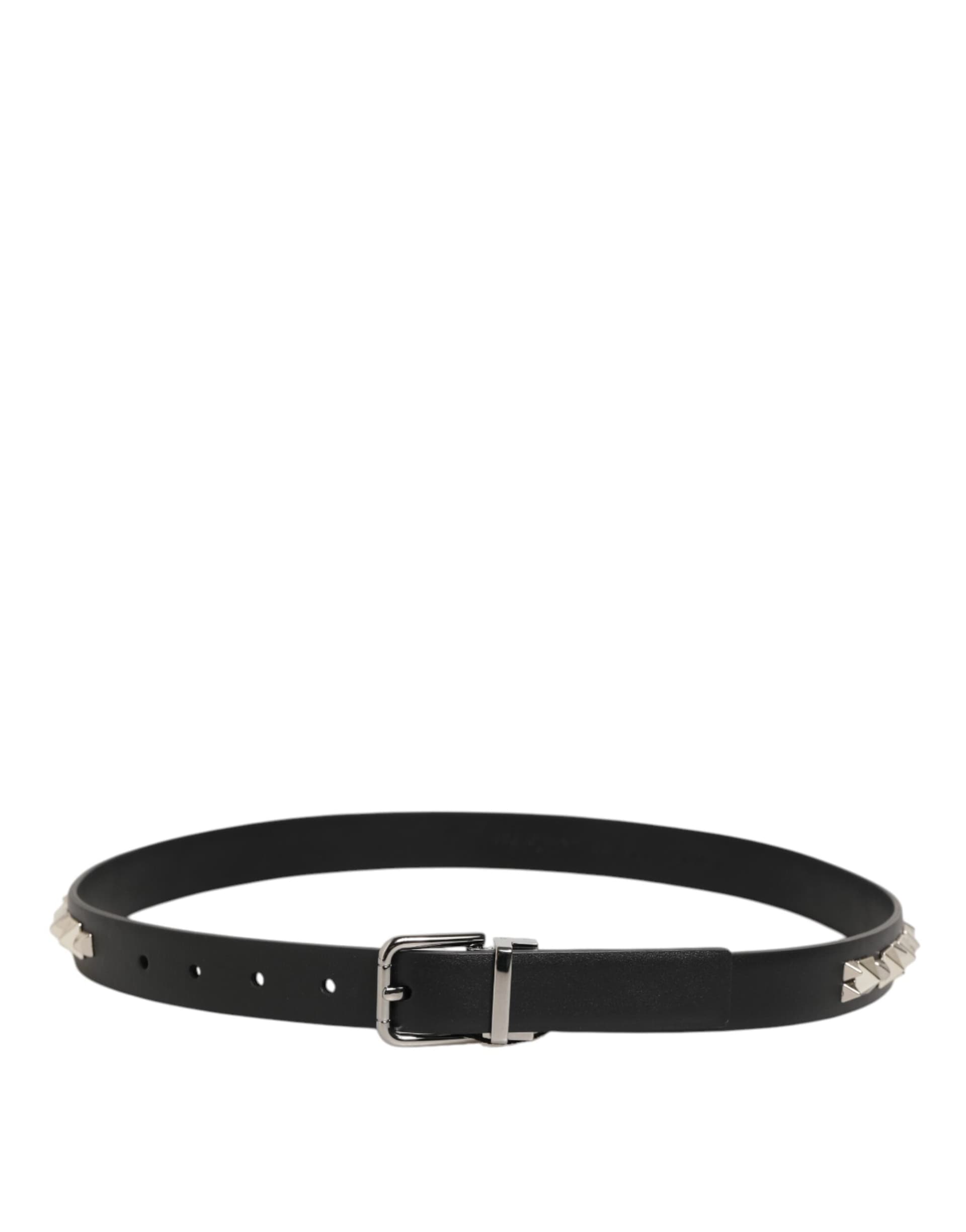 Dolce & Gabbana Black Leather Studded Silver-Tone Buckle Belt - 7