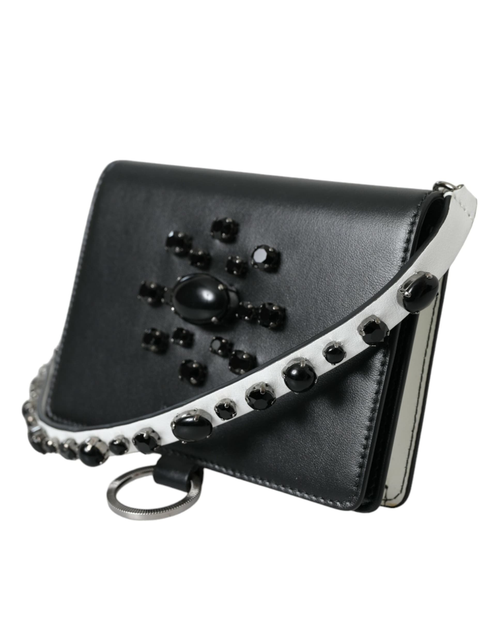 Dolce & Gabbana Black White Leather Crystal Embellished Cardholder Wallet - 2