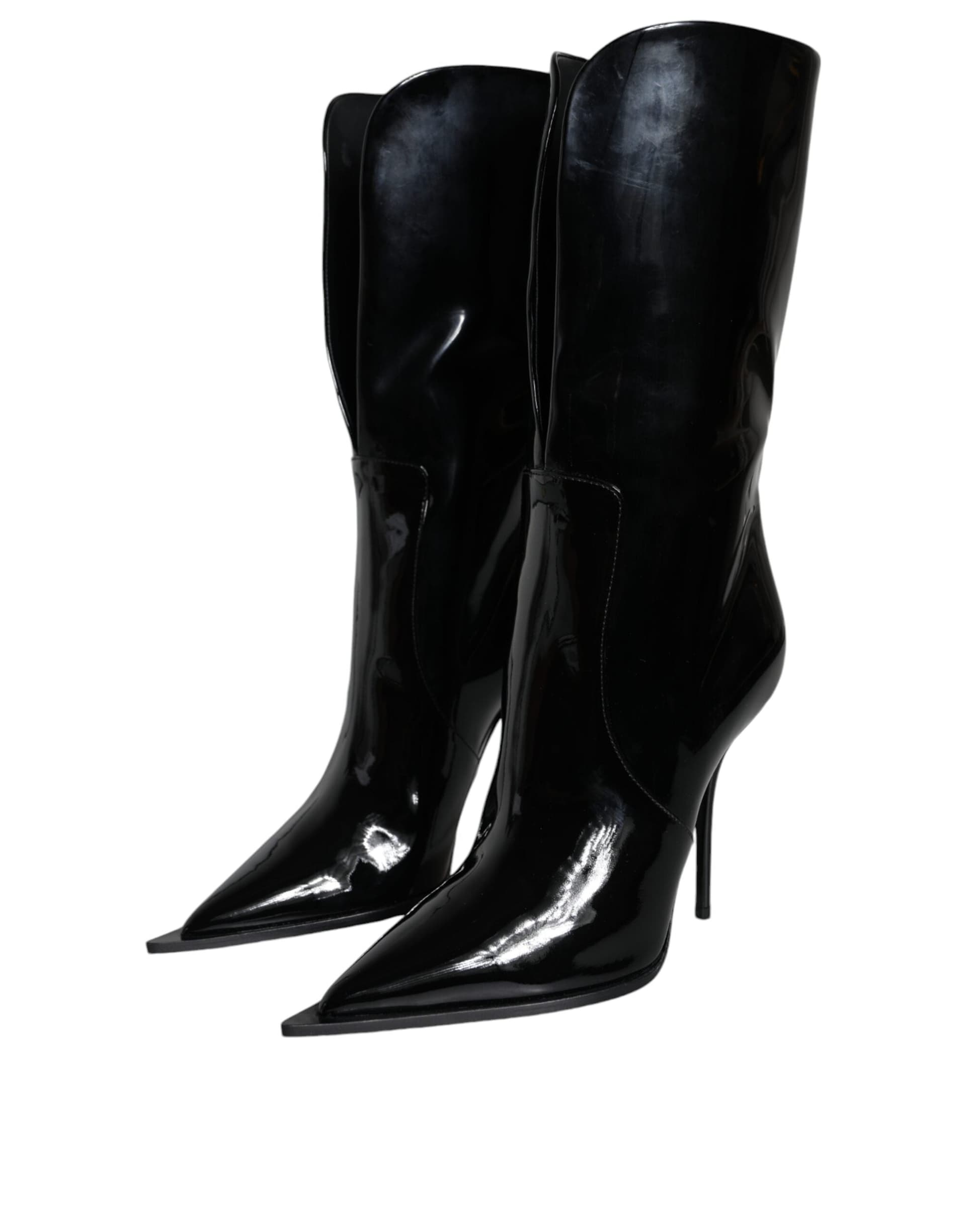Dolce & Gabbana Black Patent Leather Mid Calf Boots Shoes - 2