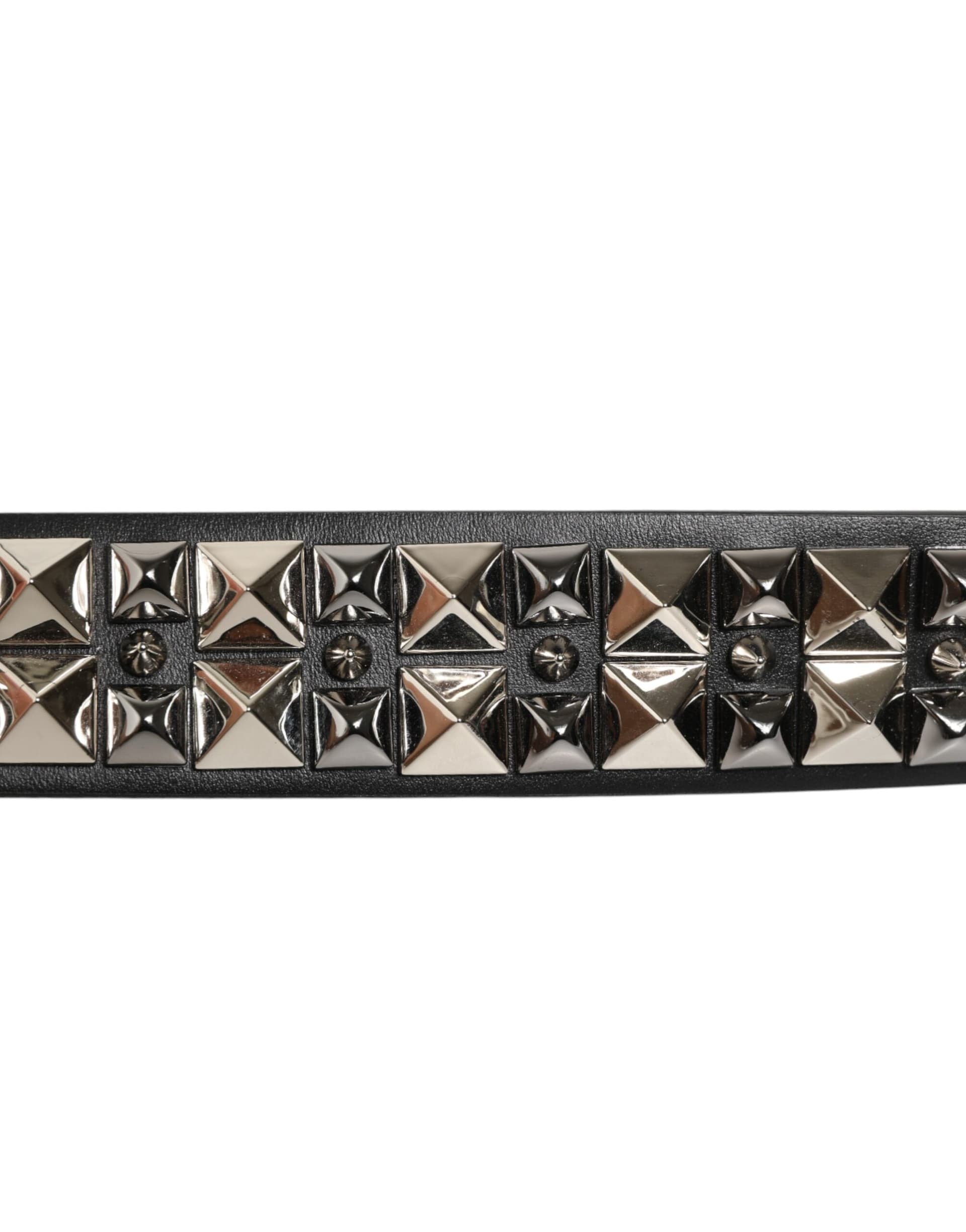Dolce & Gabbana Black Calf Leather Studded Silver Buckle Belt - 2