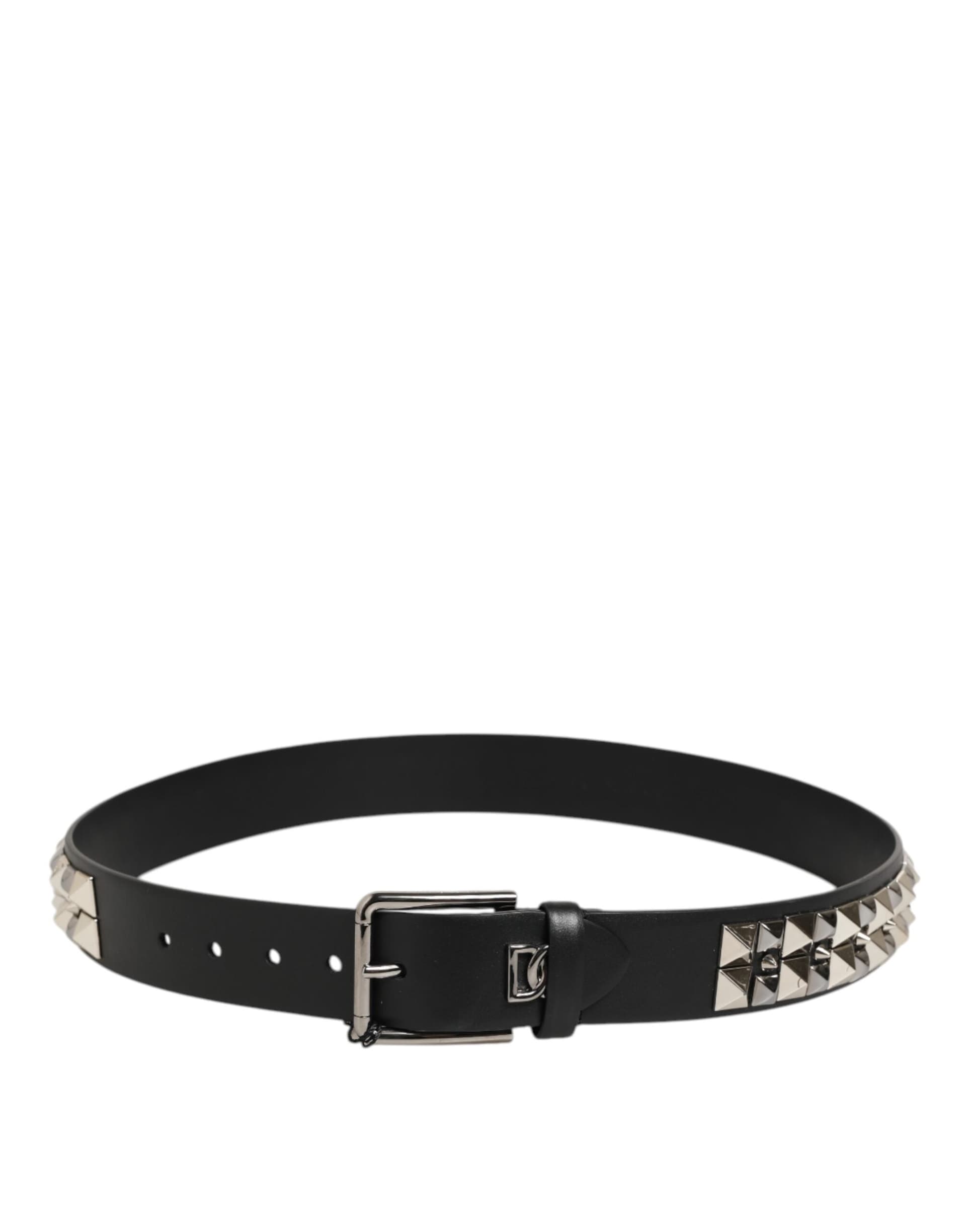 Dolce & Gabbana Black Calf Leather Studded Silver Buckle Belt - 3