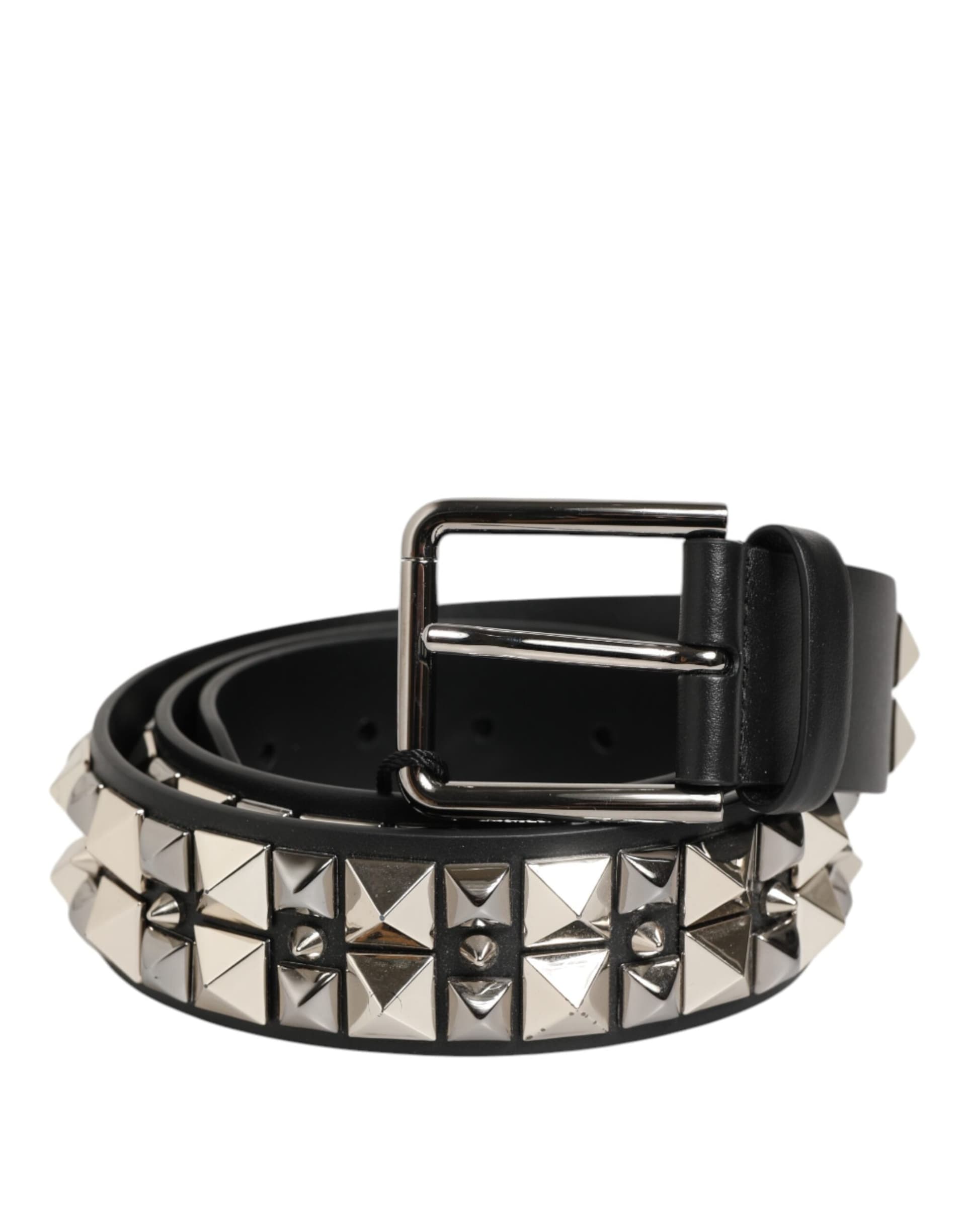 Dolce & Gabbana Black Calf Leather Studded Silver Buckle Belt - 5
