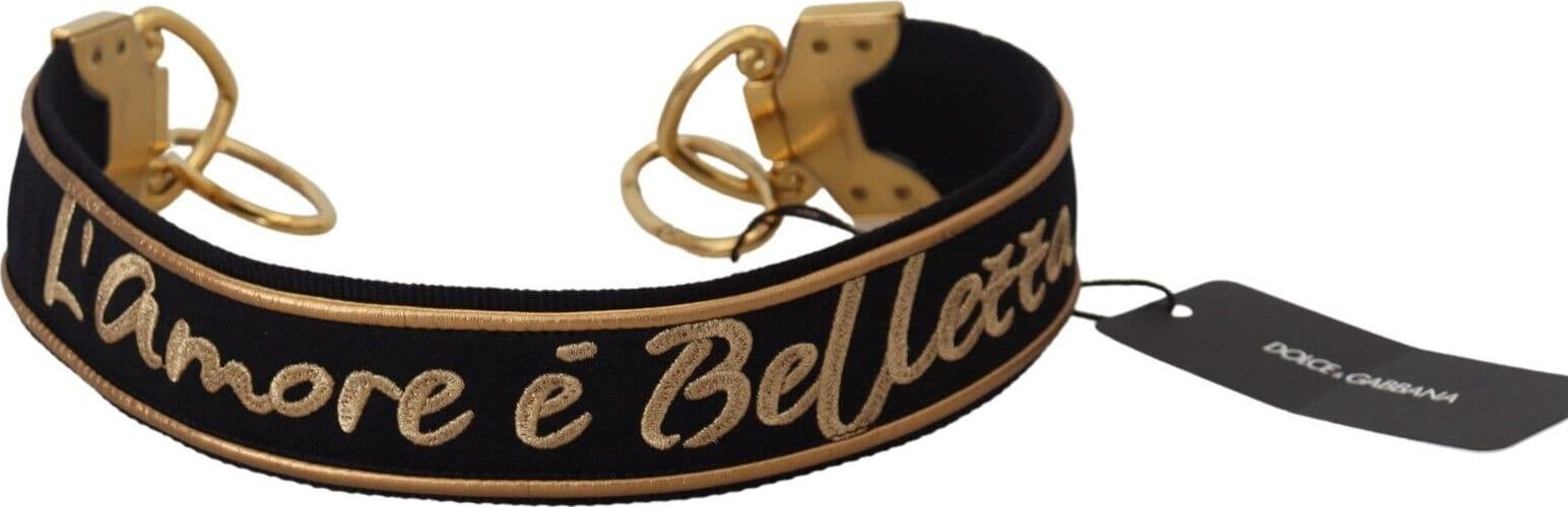 Dolce & Gabbana Black Gold Logo Print Brass Bag Shoulder Strap - 2