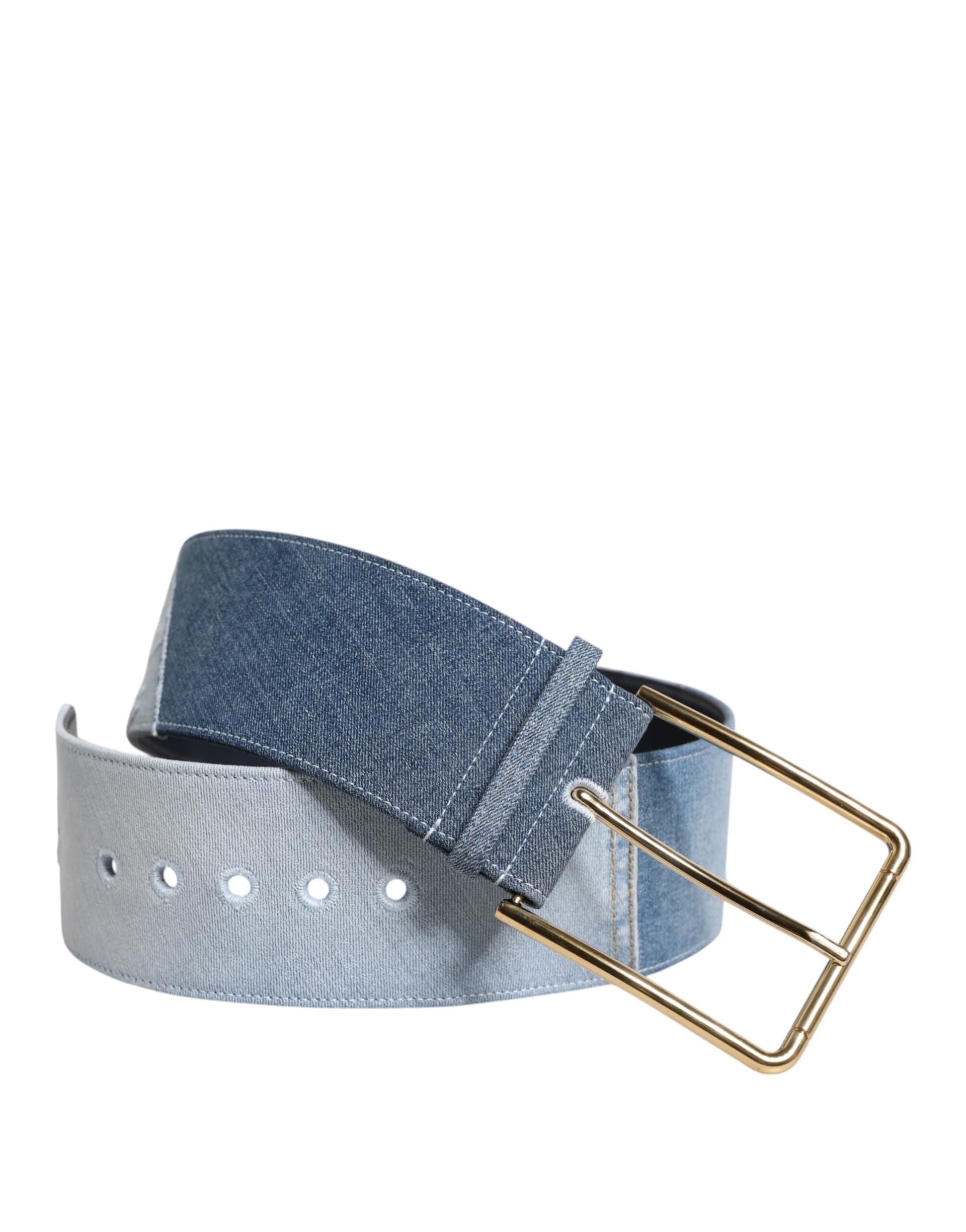 Dolce & Gabbana Two Tone Blue Denim Gold Metal Buckle Belt - 2