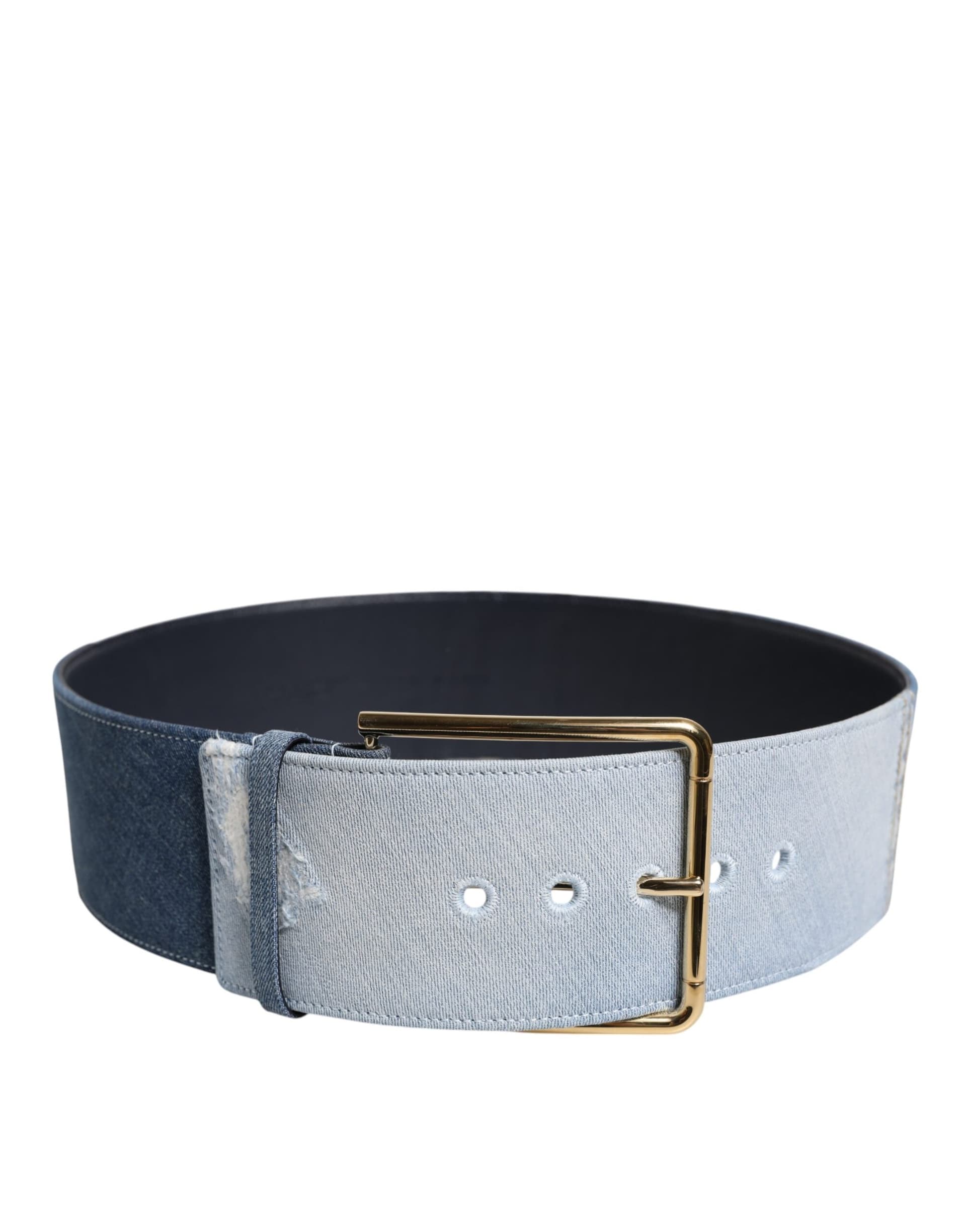 Dolce & Gabbana Two Tone Blue Denim Gold Metal Buckle Belt - 3