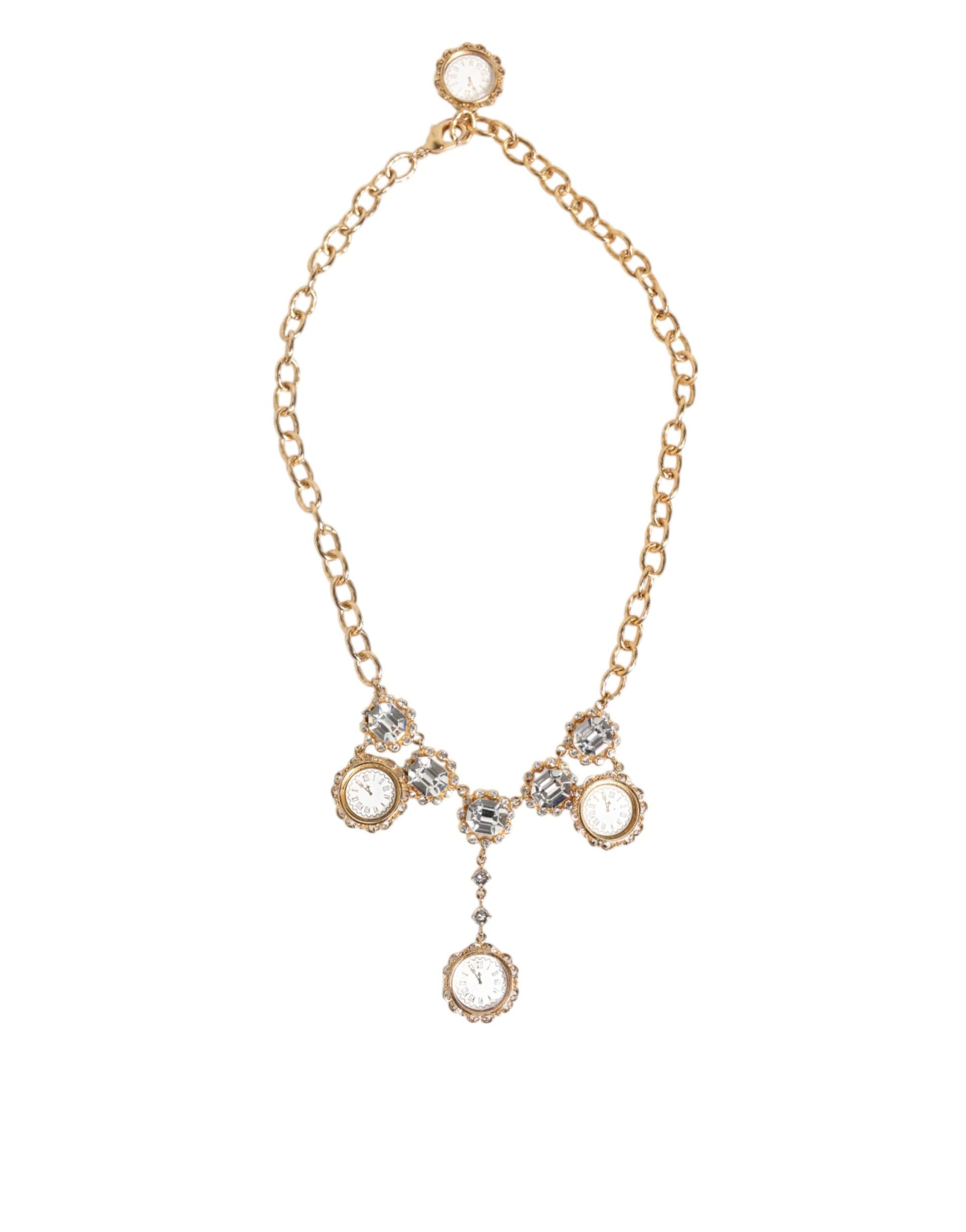 Dolce & Gabbana Gold Crystal Clock Pendant Statement Jewelry Necklace - 2