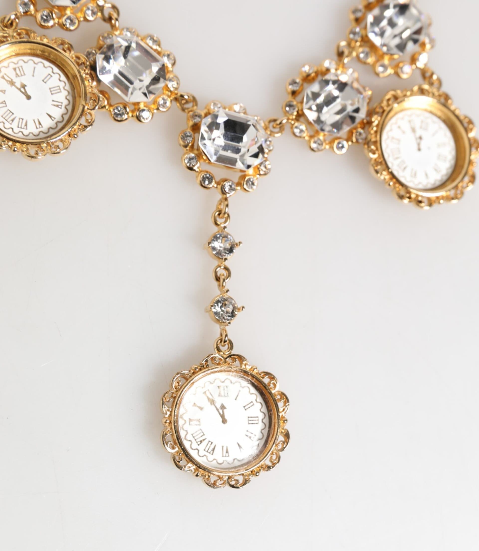 Dolce & Gabbana Gold Crystal Clock Pendant Statement Jewelry Necklace - 3