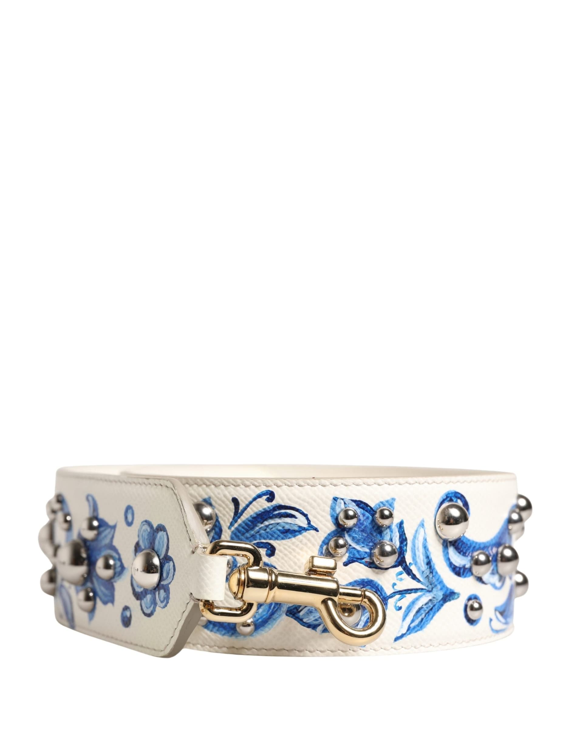 Dolce & Gabbana White Blue Floral Leather Stud Accessory Shoulder Strap - 2