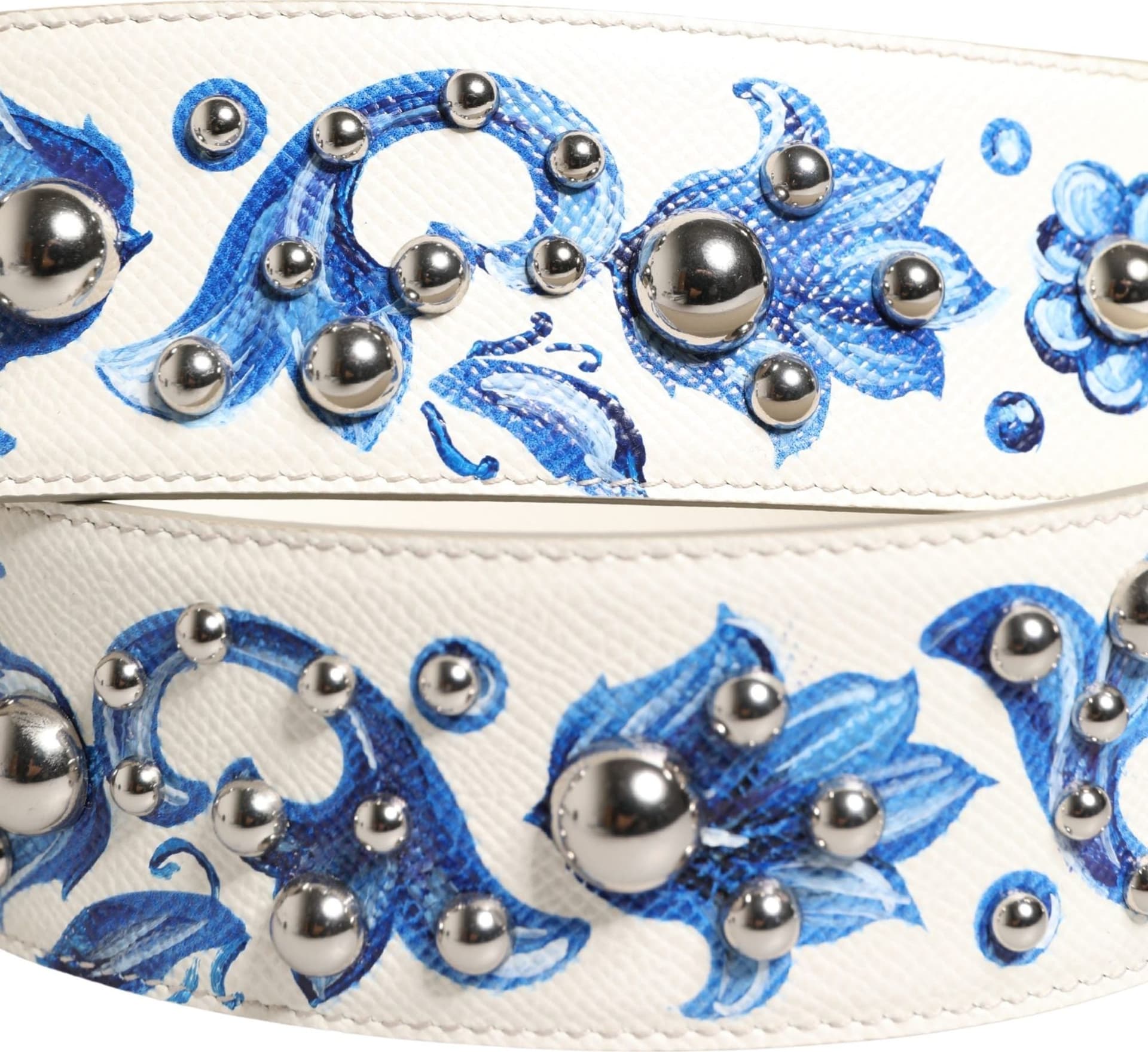 Dolce & Gabbana White Blue Floral Leather Stud Accessory Shoulder Strap - 5